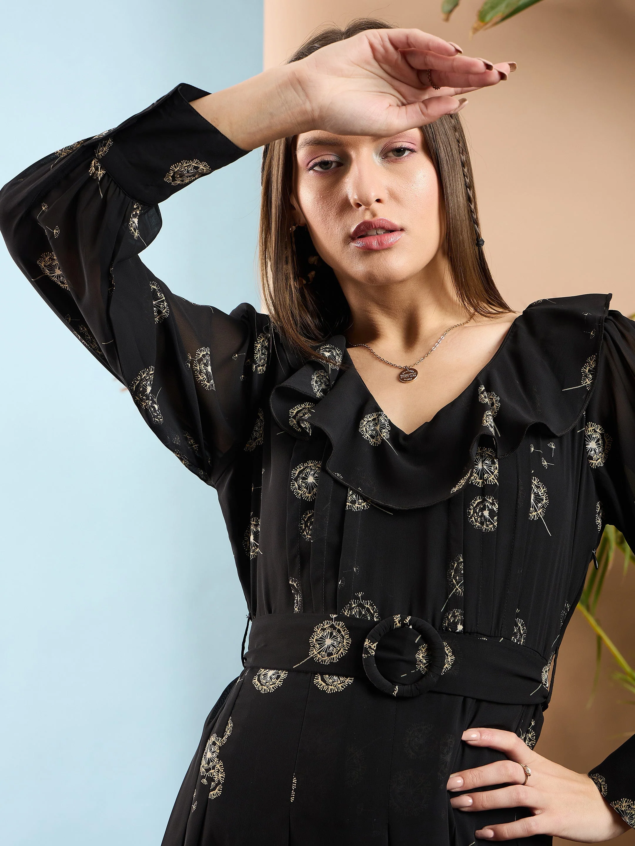 Women Black Floral Ruffle Collar Midi Dress - Image 3