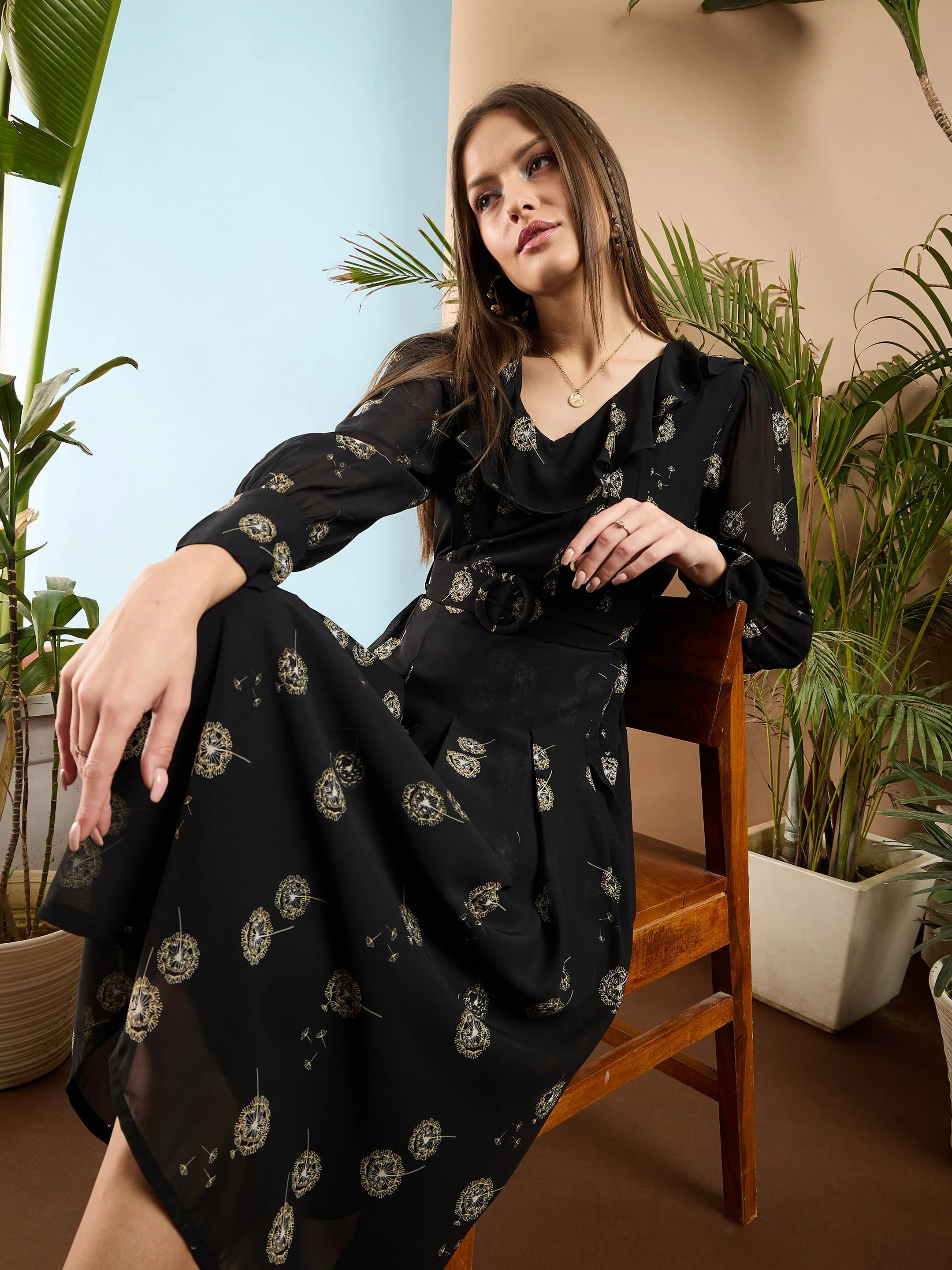 Women Black Floral Ruffle Collar Midi Dress - Image 4