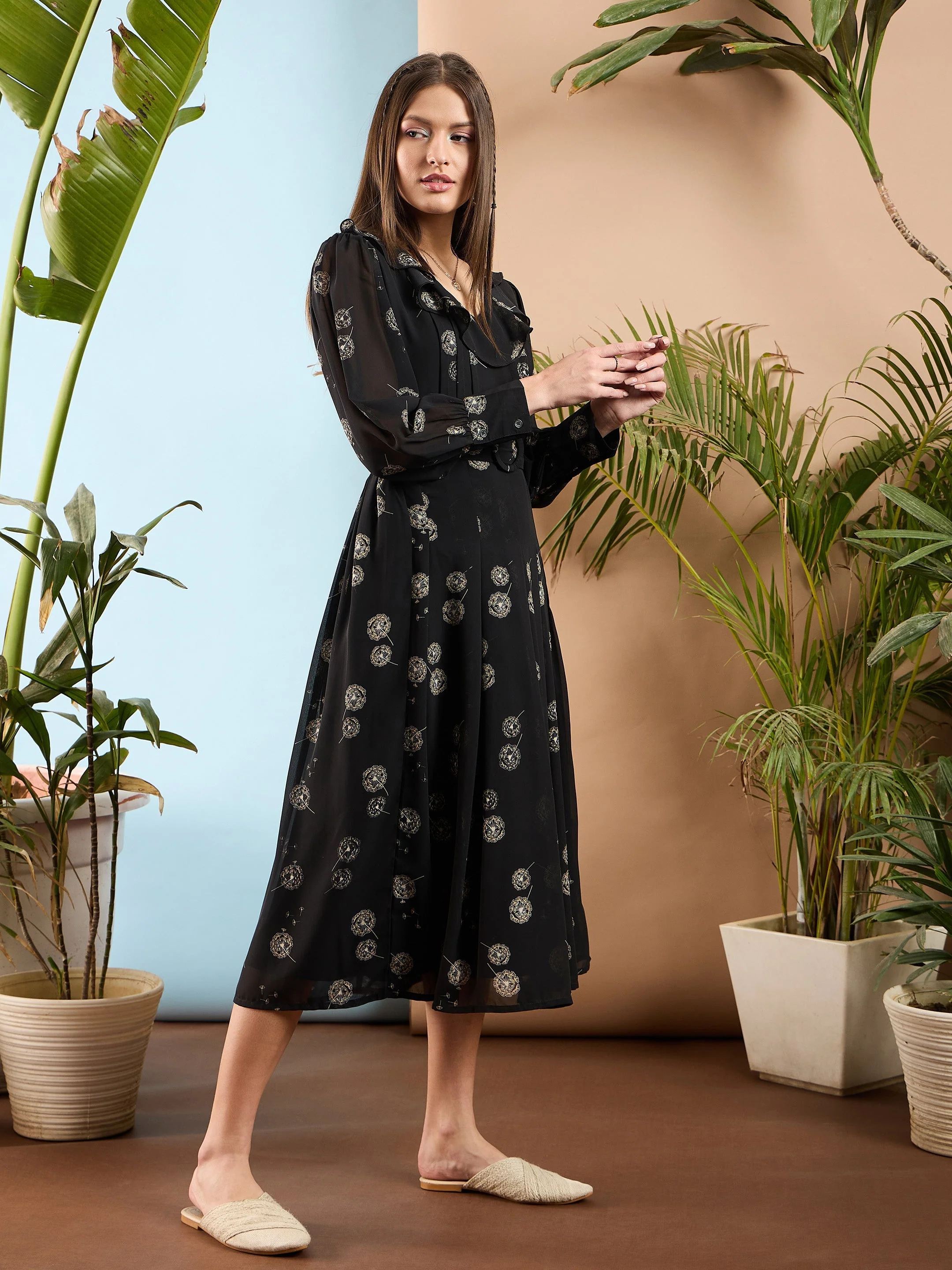 Women Black Floral Ruffle Collar Midi Dress - Image 5