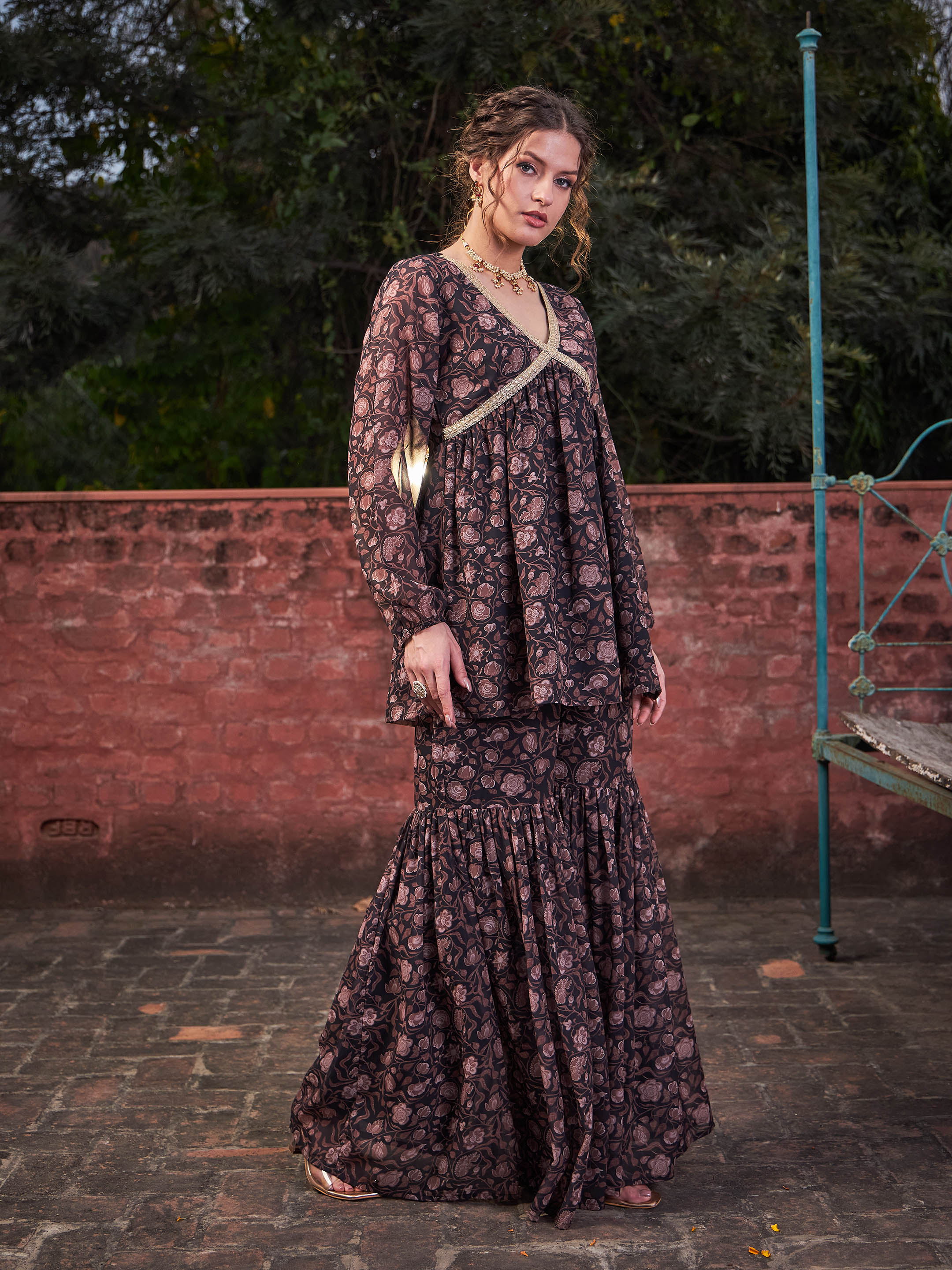 Women Black Floral V Neck Peplum Top With Sharara Pants - Image 3