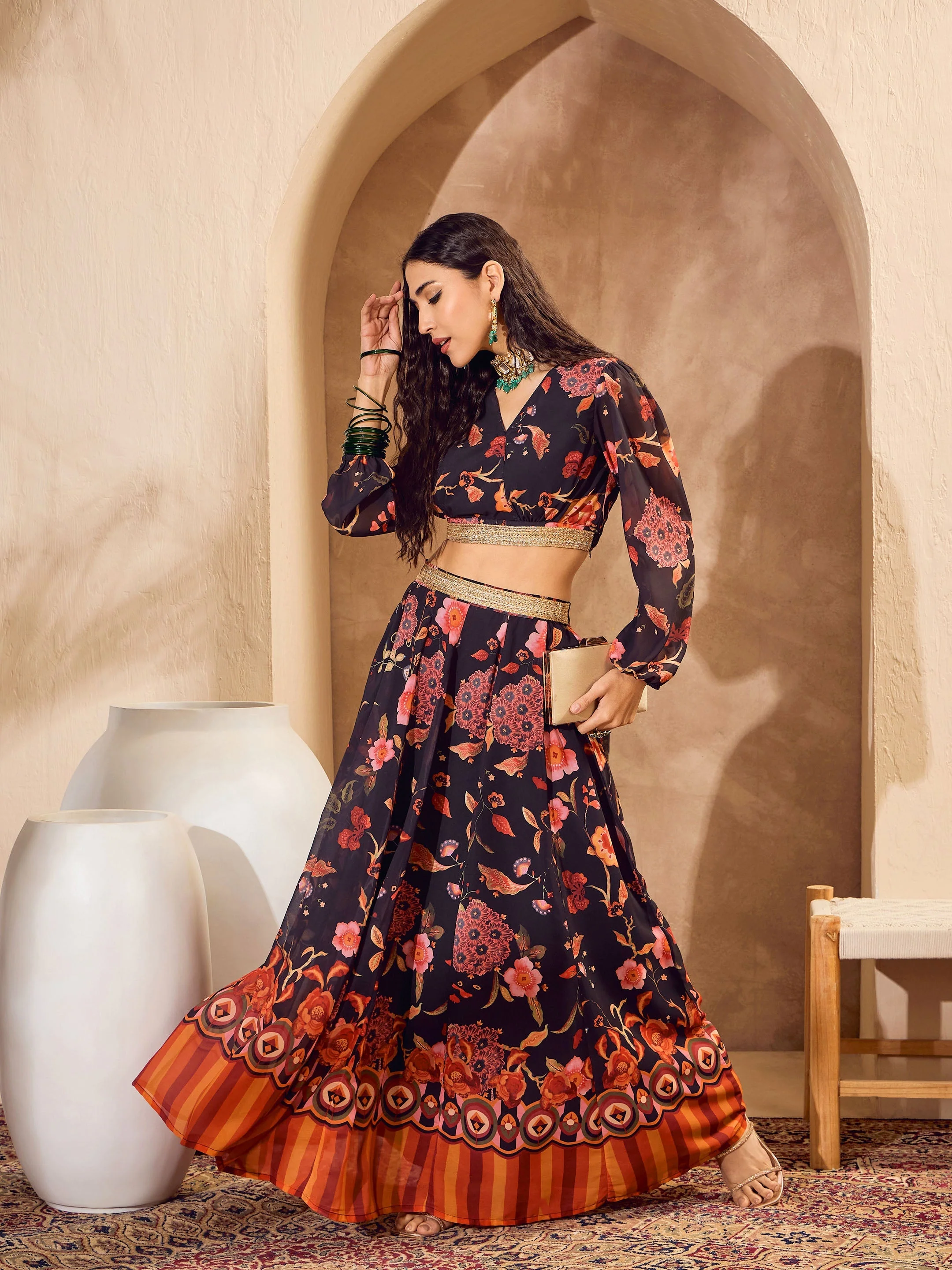 Women Black Floral Wrap Crop Top With Anarkali Skirt - Image 2