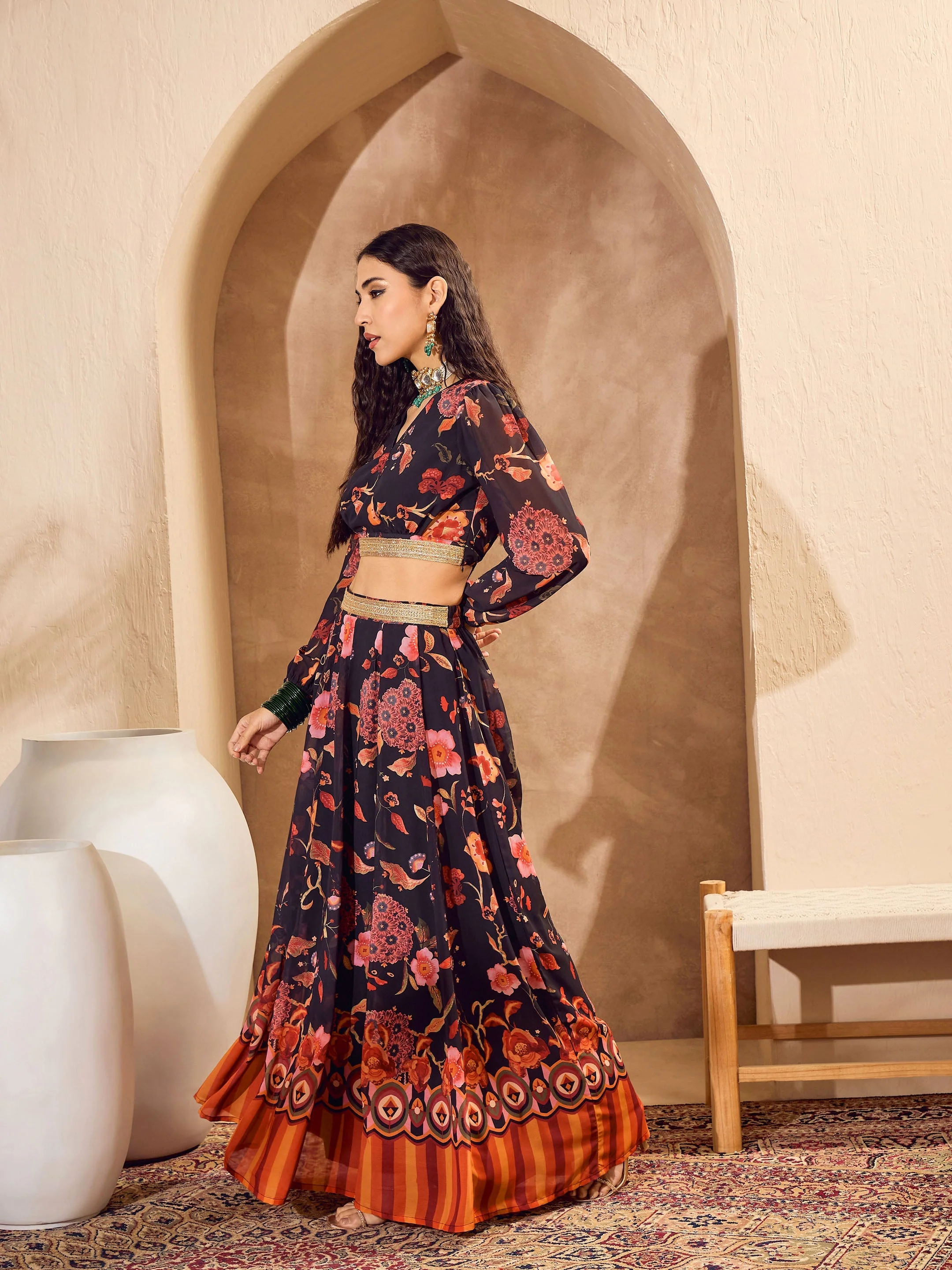 Women Black Floral Wrap Crop Top With Anarkali Skirt - Image 3