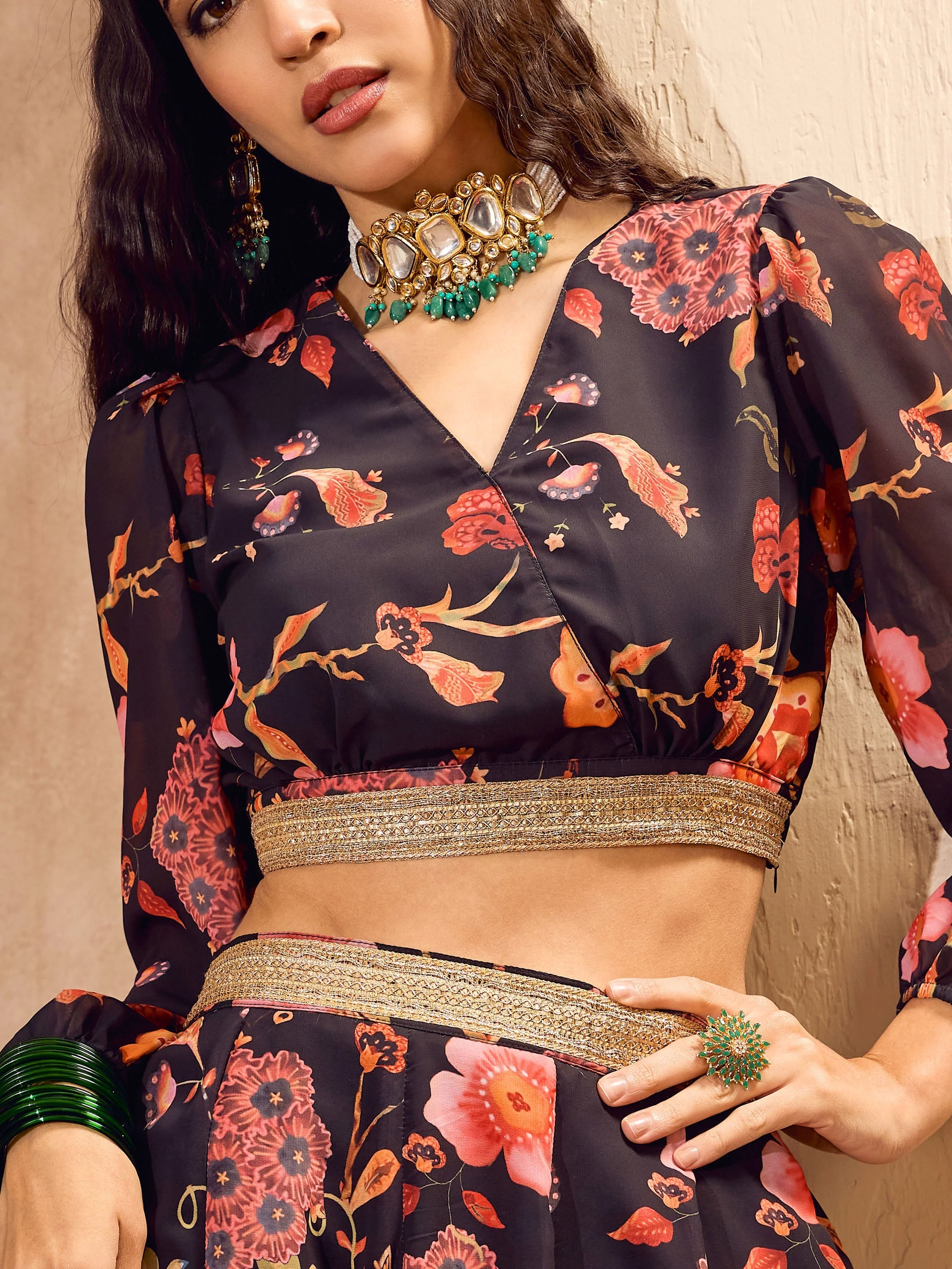 Women Black Floral Wrap Crop Top With Anarkali Skirt - Image 4