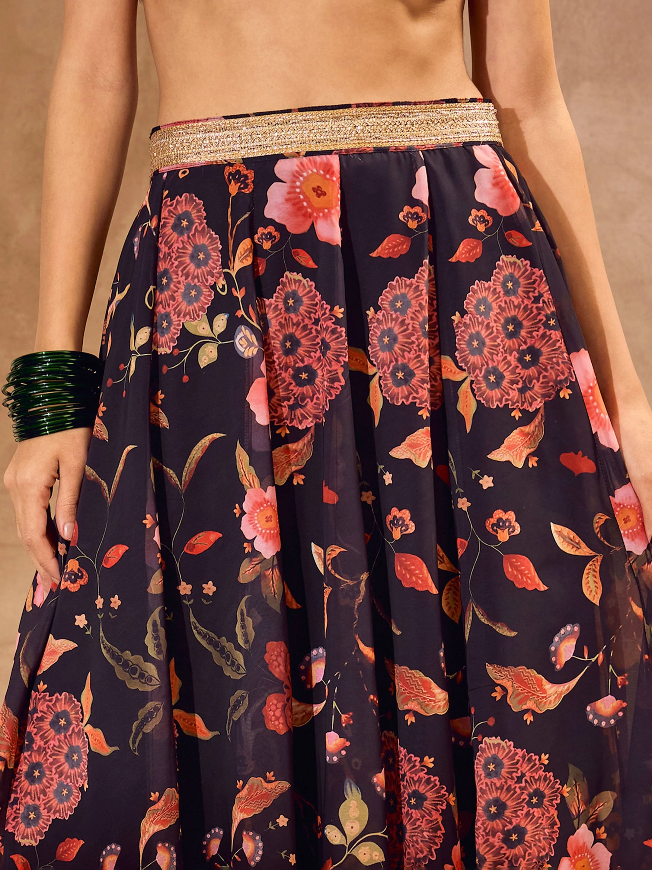 Women Black Floral Wrap Crop Top With Anarkali Skirt - Image 5
