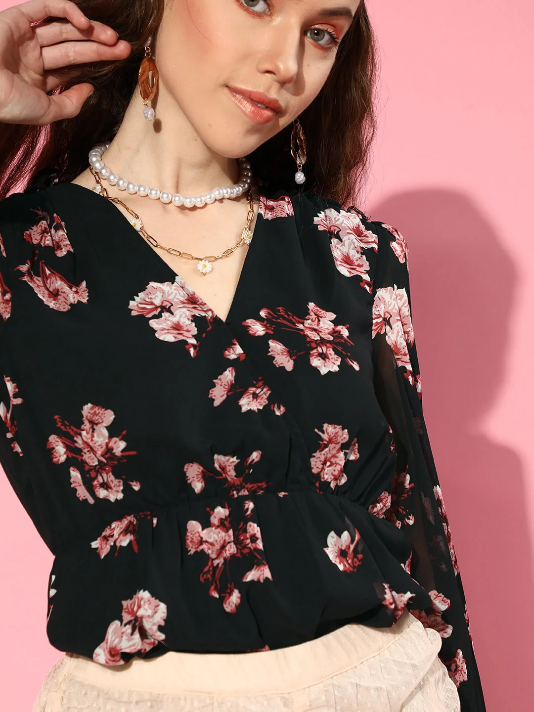 Women Black Floral Wrap Peplum Top - Image 3