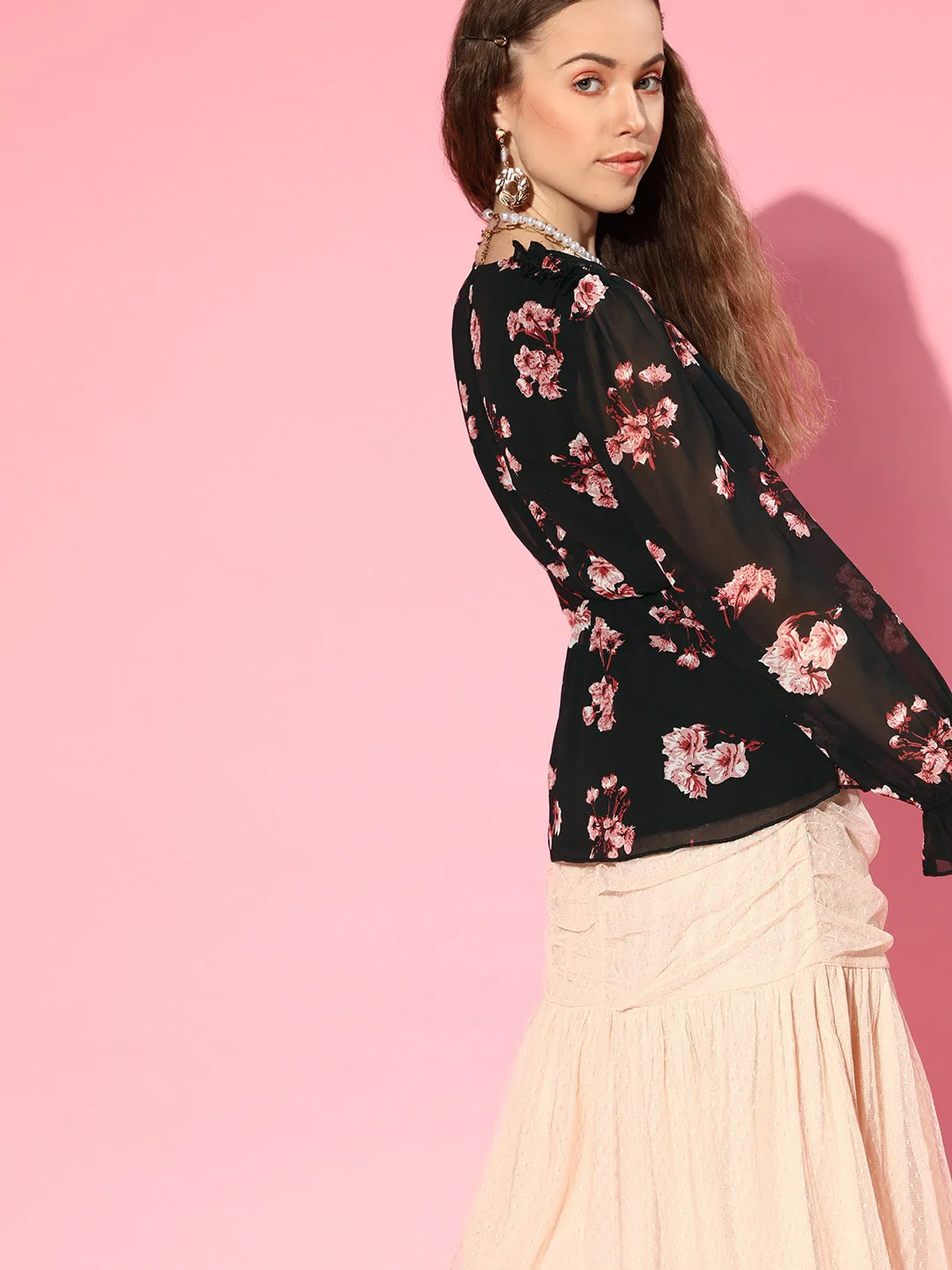 Women Black Floral Wrap Peplum Top - Image 4