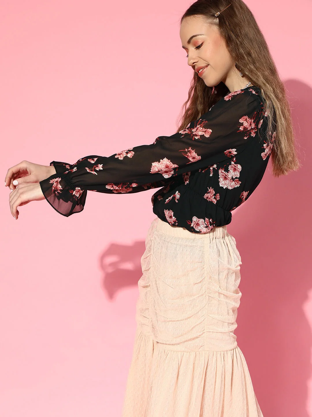Women Black Floral Wrap Peplum Top - Image 5