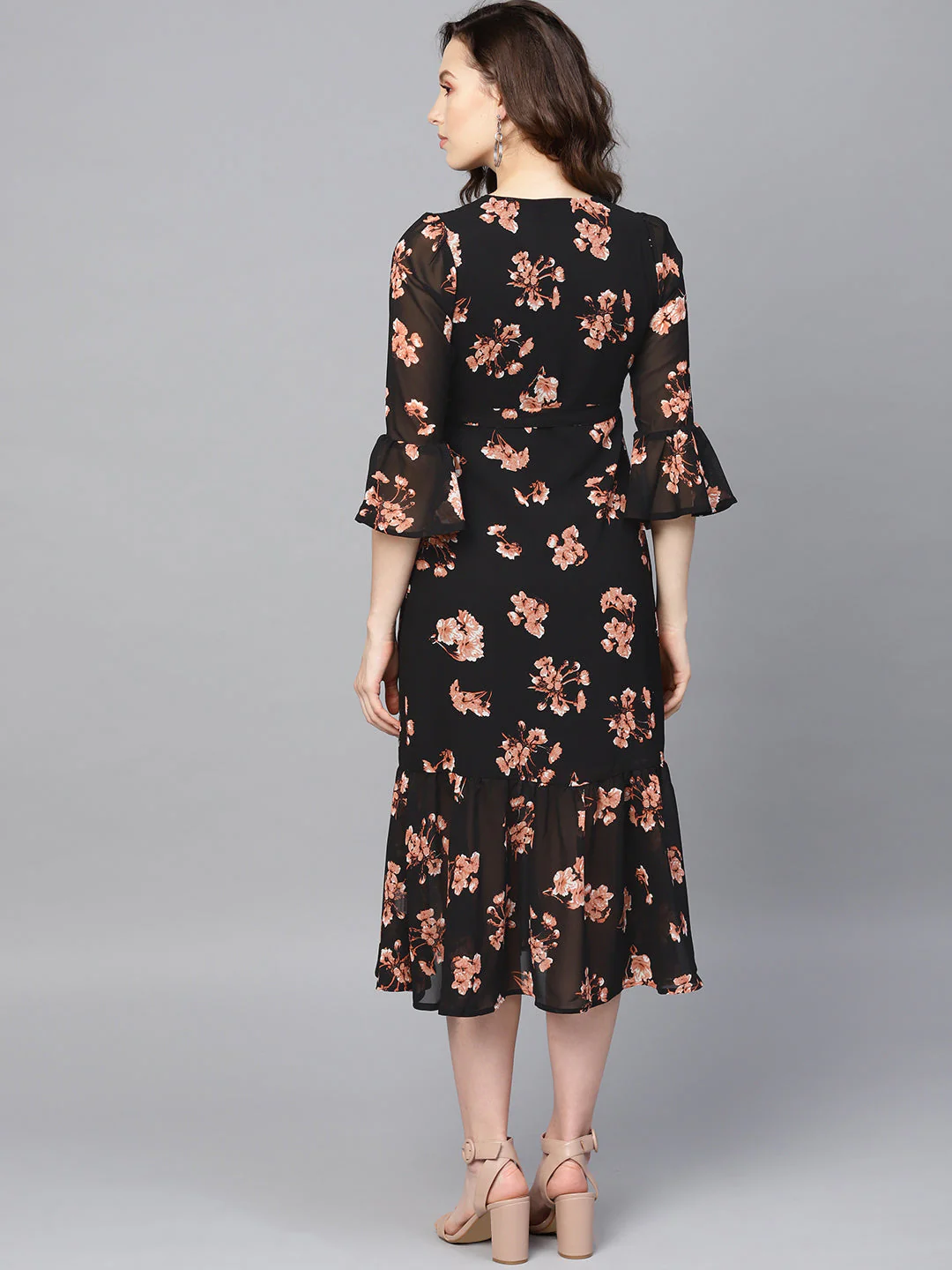 Women Black Floral Wrap Tie Dress - Image 3