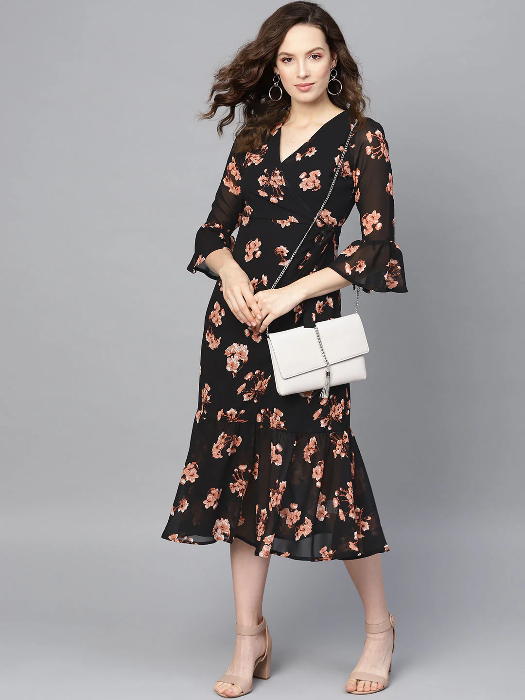 Women Black Floral Wrap Tie Dress - Image 4