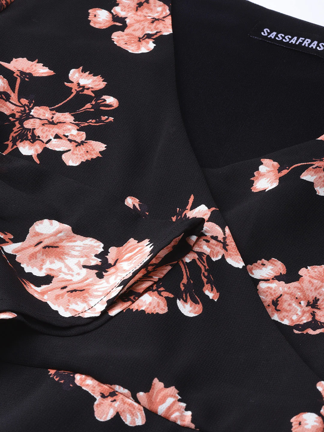 Women Black Floral Wrap Tie Dress - Image 5