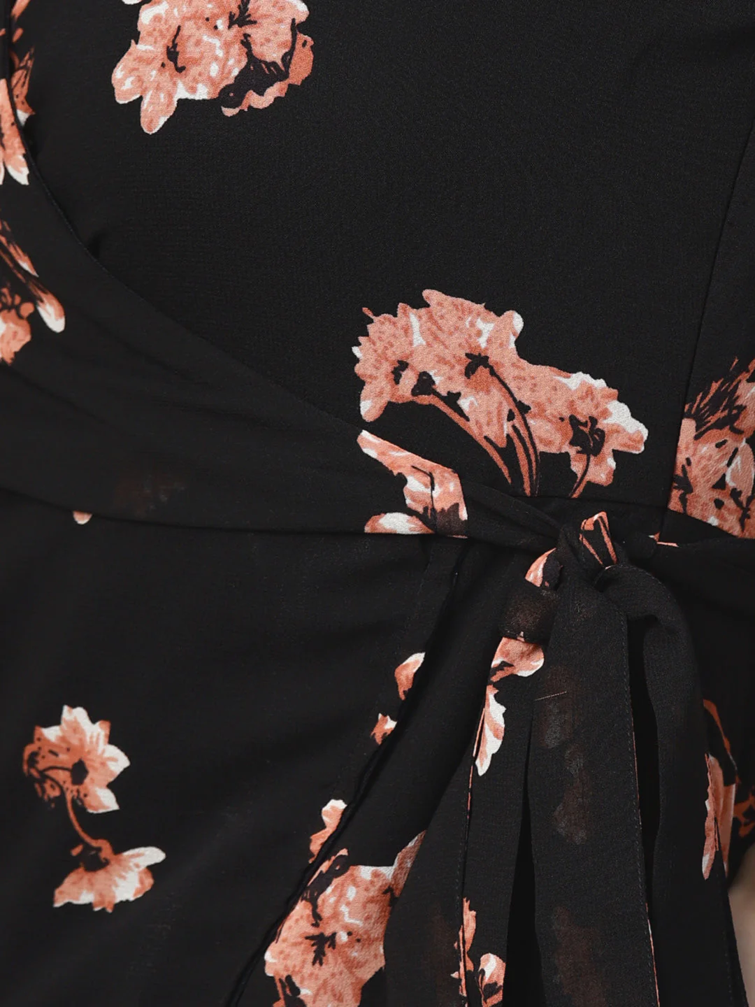 Women Black Floral Wrap Tie Dress - Image 6