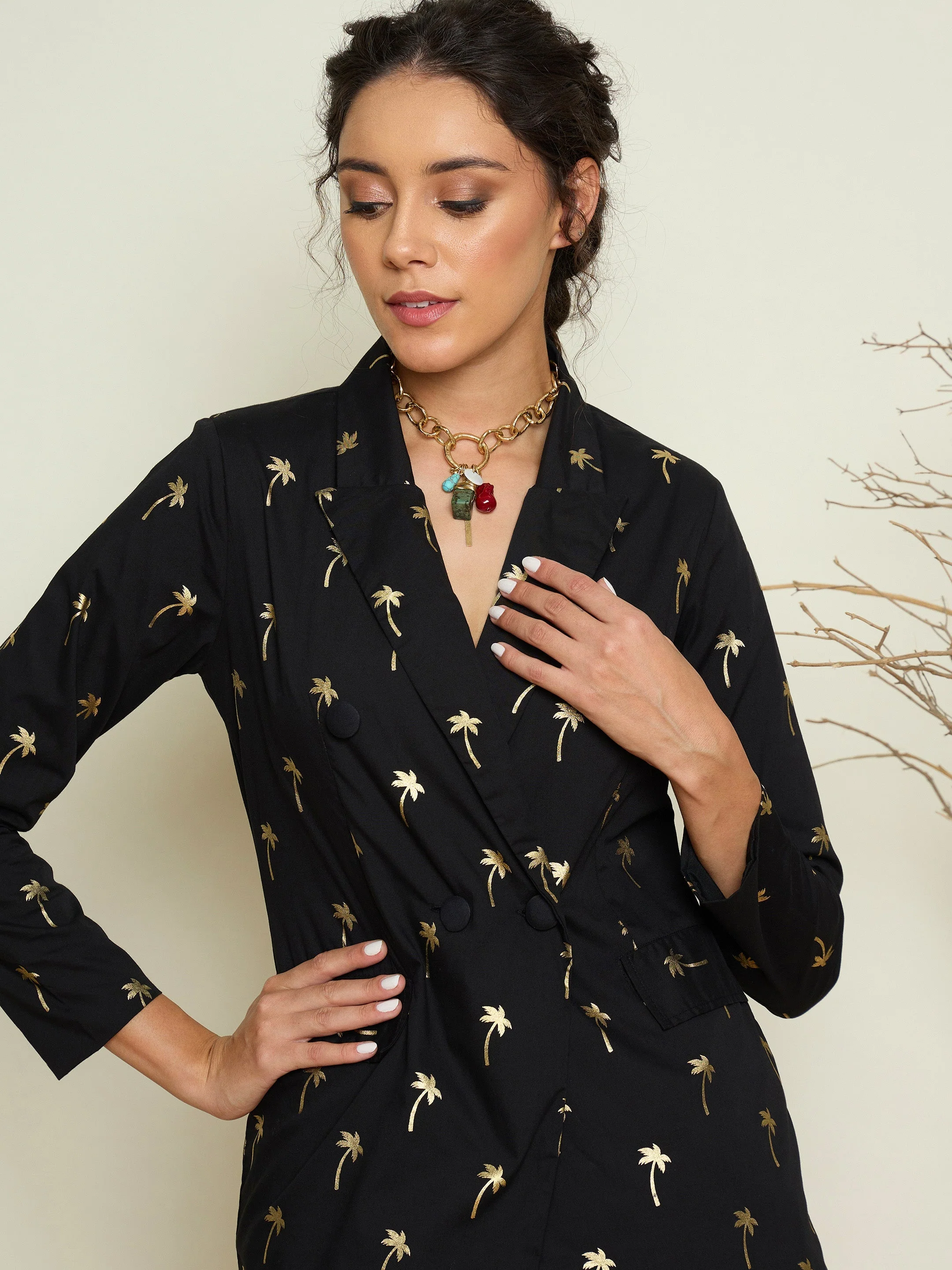 Women Black Foil Printed Blazer With Gathered Skirt - Image 2