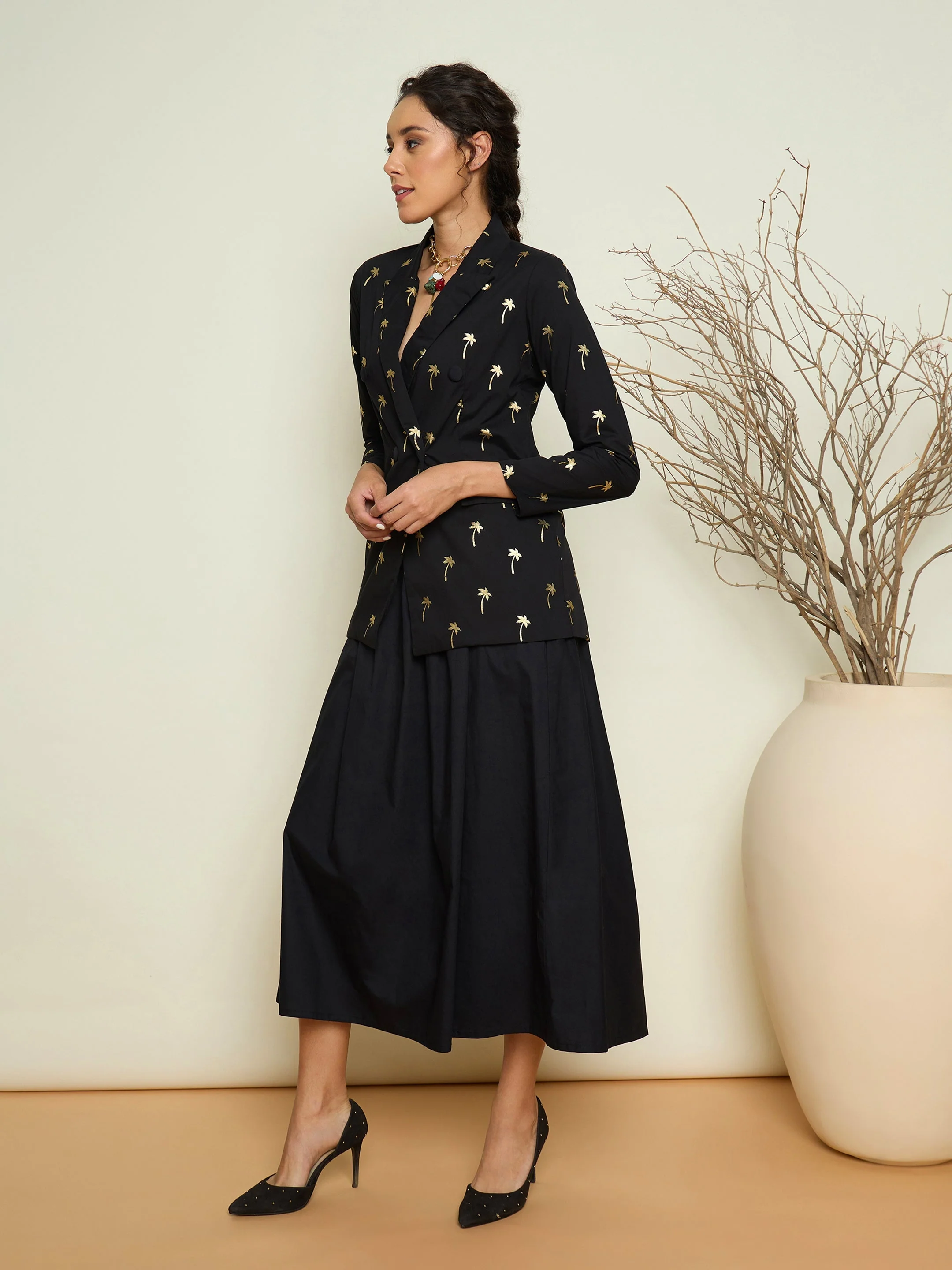 Women Black Foil Printed Blazer With Gathered Skirt - Image 5