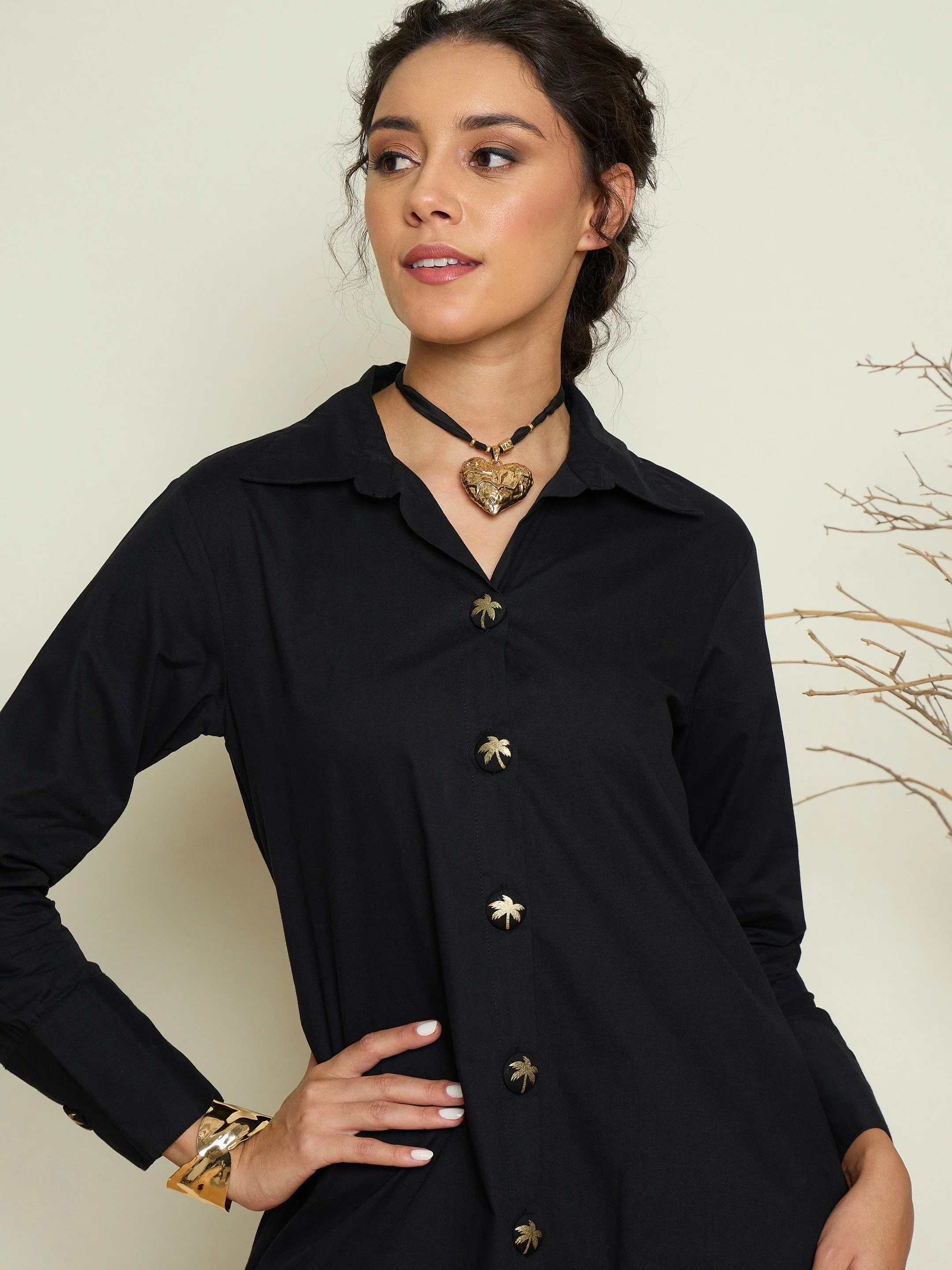Women Black Foil Printed Longline Shirt Dress - Image 3