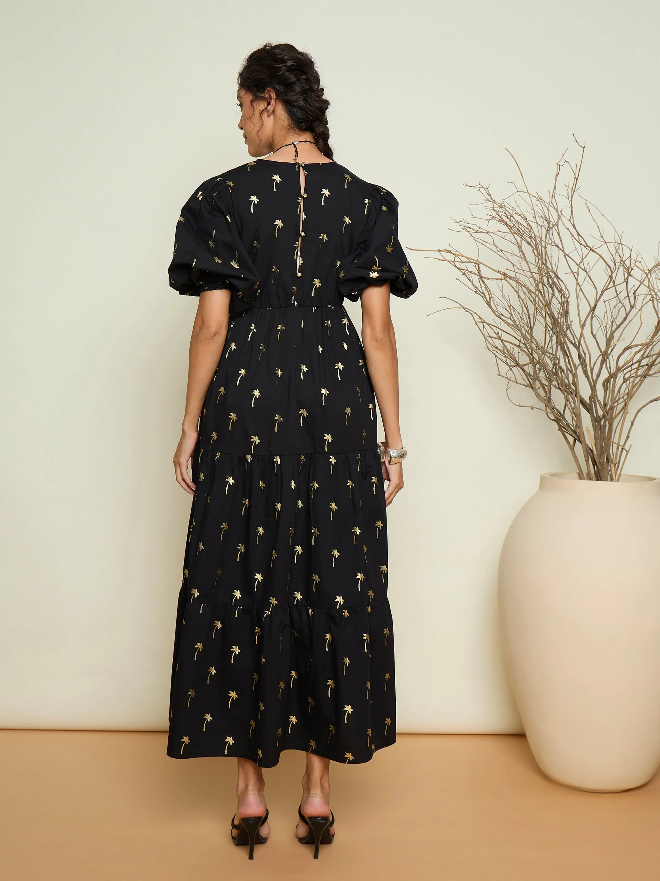 Women Black Foil Printed Puff Sleeves Tiered Maxi Dress - Image 2