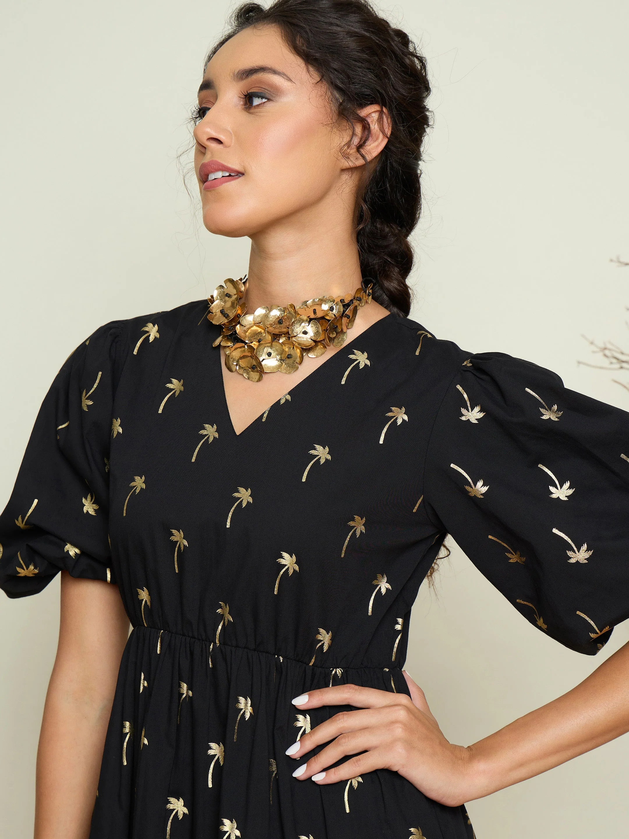 Women Black Foil Printed Puff Sleeves Tiered Maxi Dress - Image 3