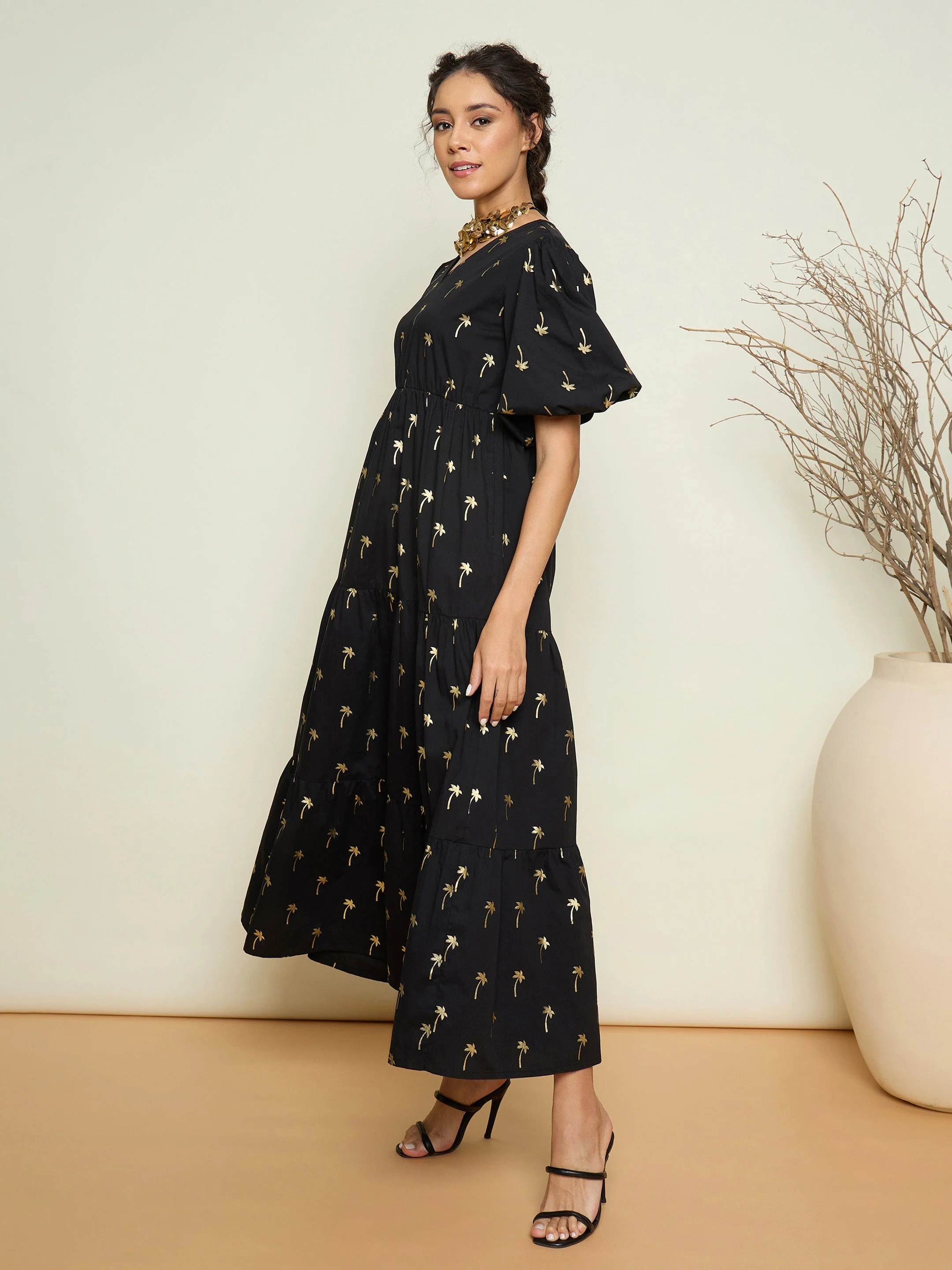 Women Black Foil Printed Puff Sleeves Tiered Maxi Dress - Image 5