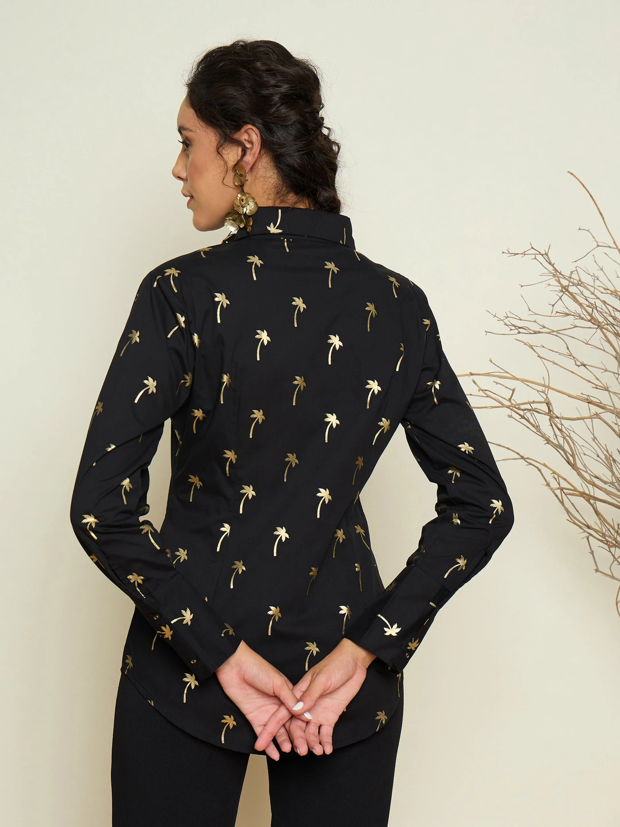 Women Black Foil Printed Shoulder Padded Slim Fit Poplin Shirt - Image 2