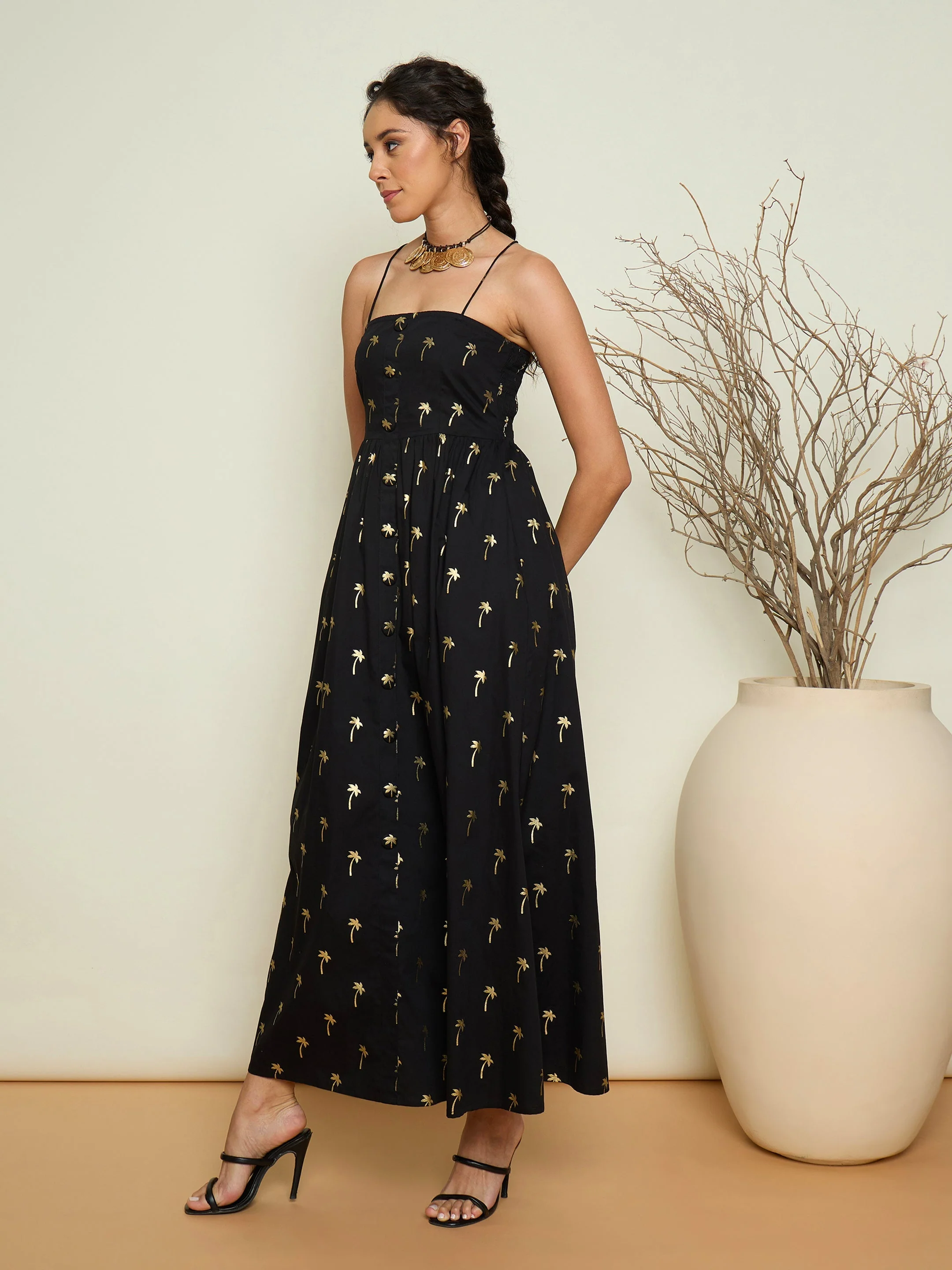 Women Black Foil Printed Strappy Front Button Maxi Dress - Image 4