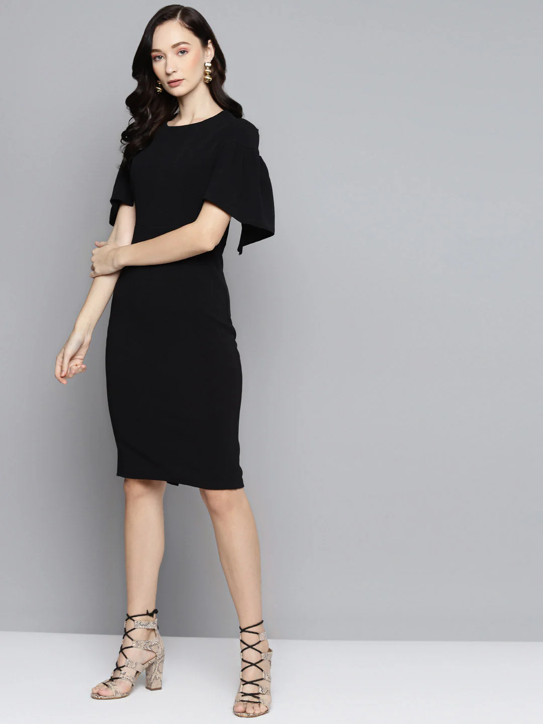 Women Black Frill Cape Bodycon Dress - Image 2