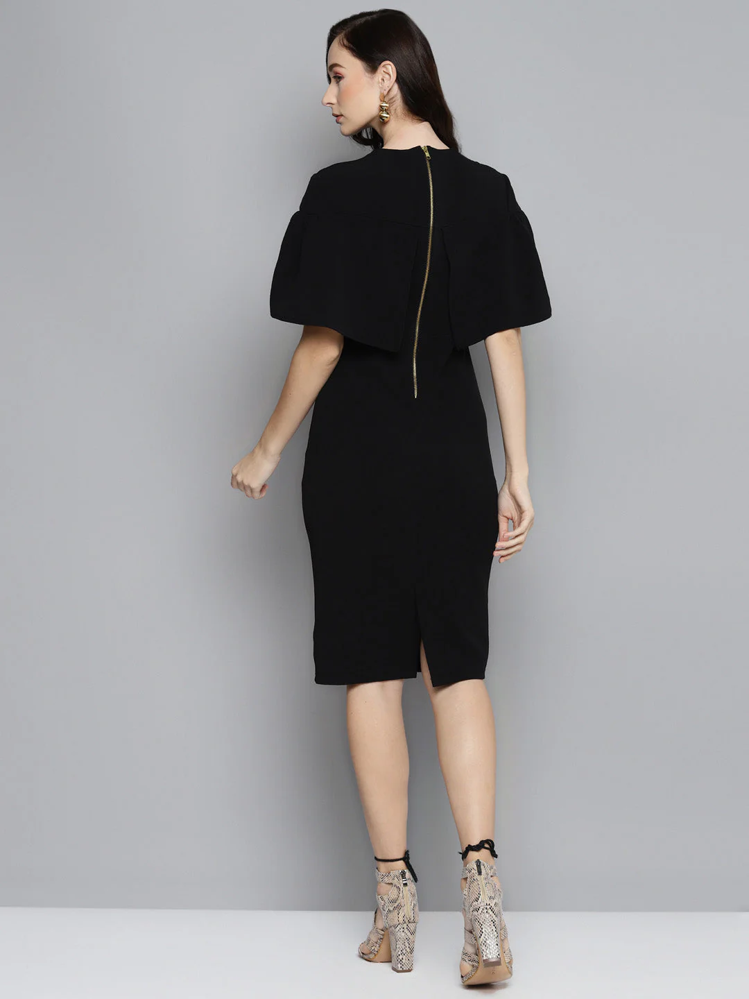 Women Black Frill Cape Bodycon Dress - Image 3