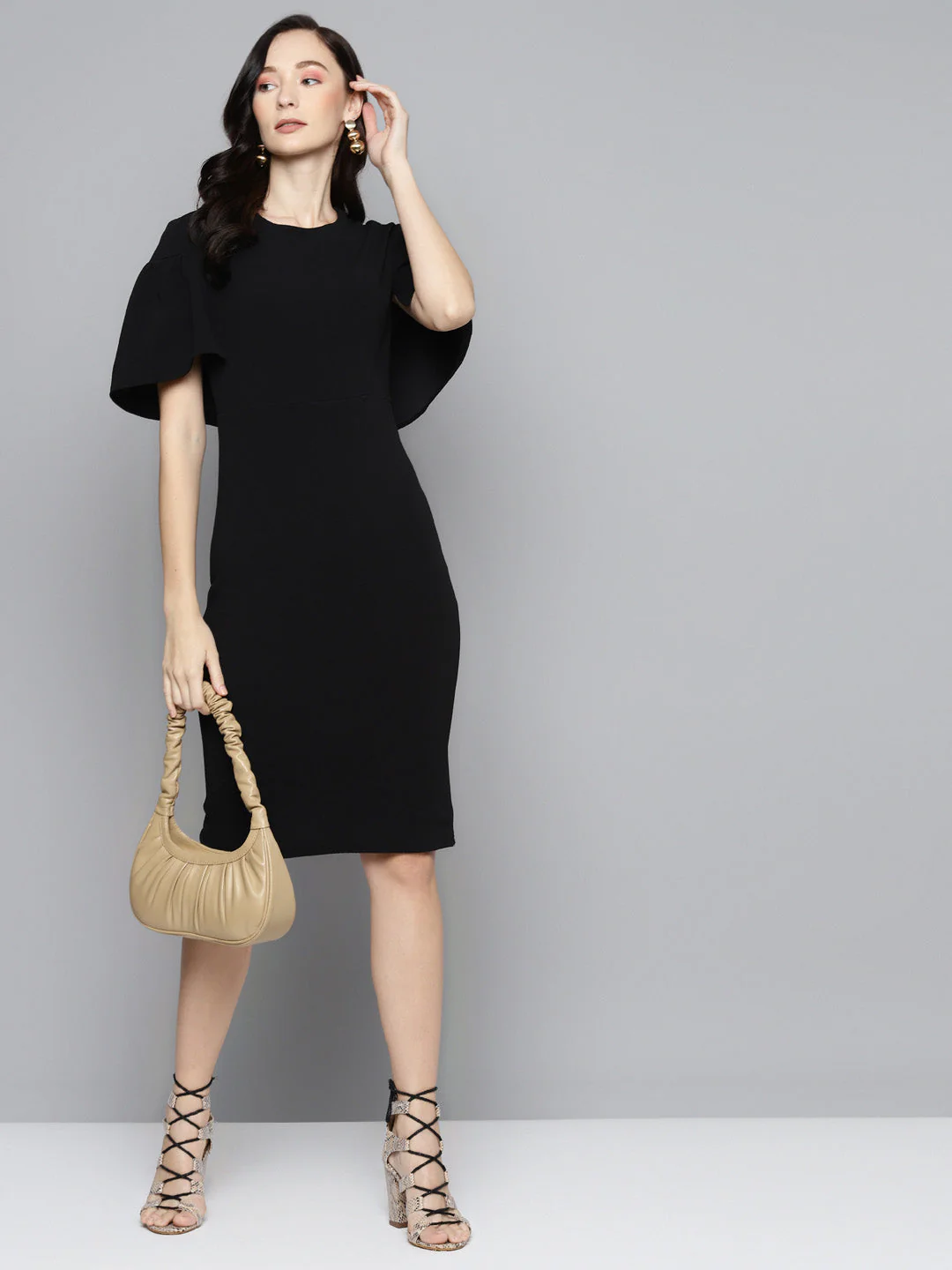 Women Black Frill Cape Bodycon Dress - Image 4