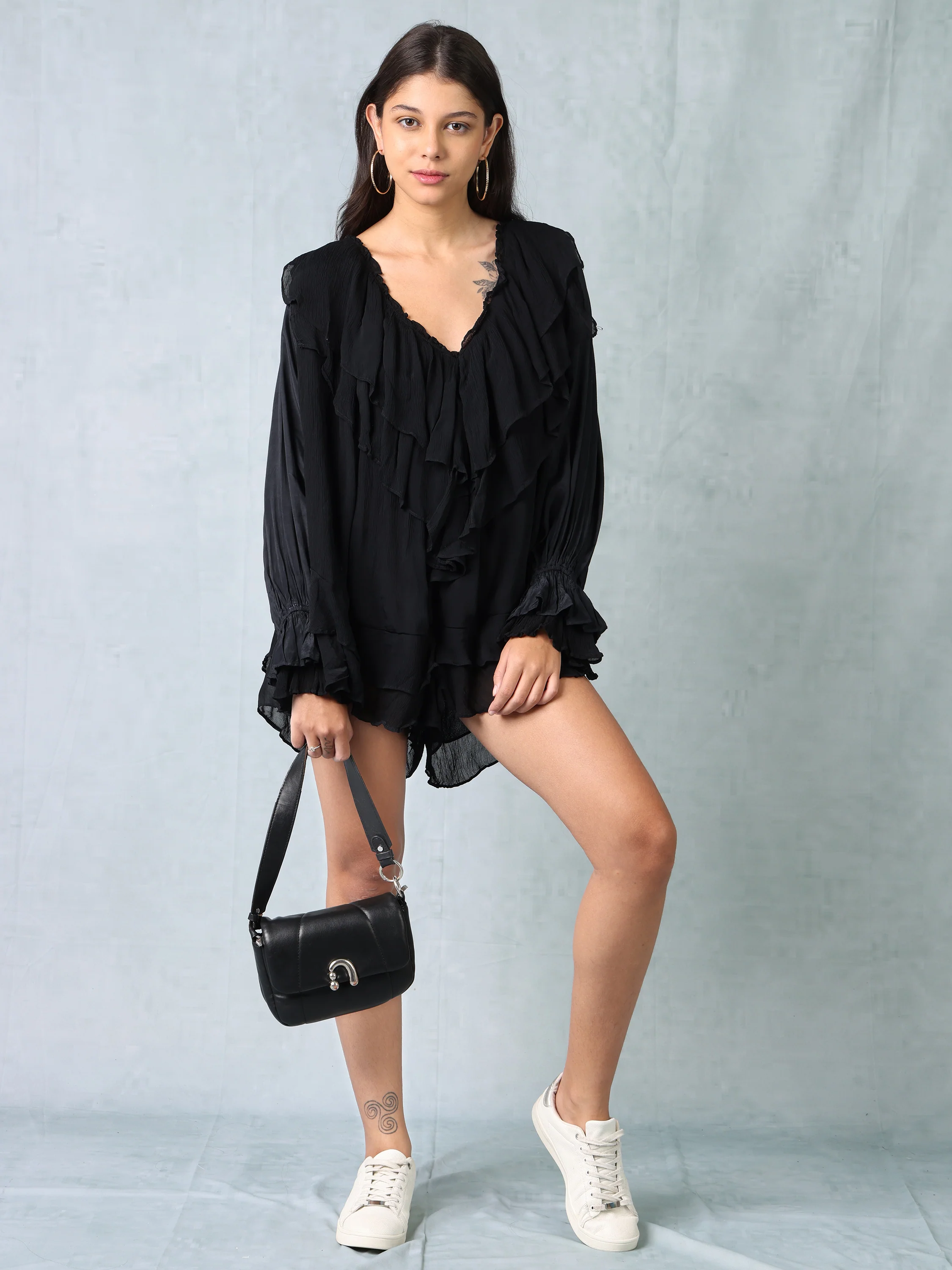 Women Black Frill Neck Comfort Fit Romper - Image 2