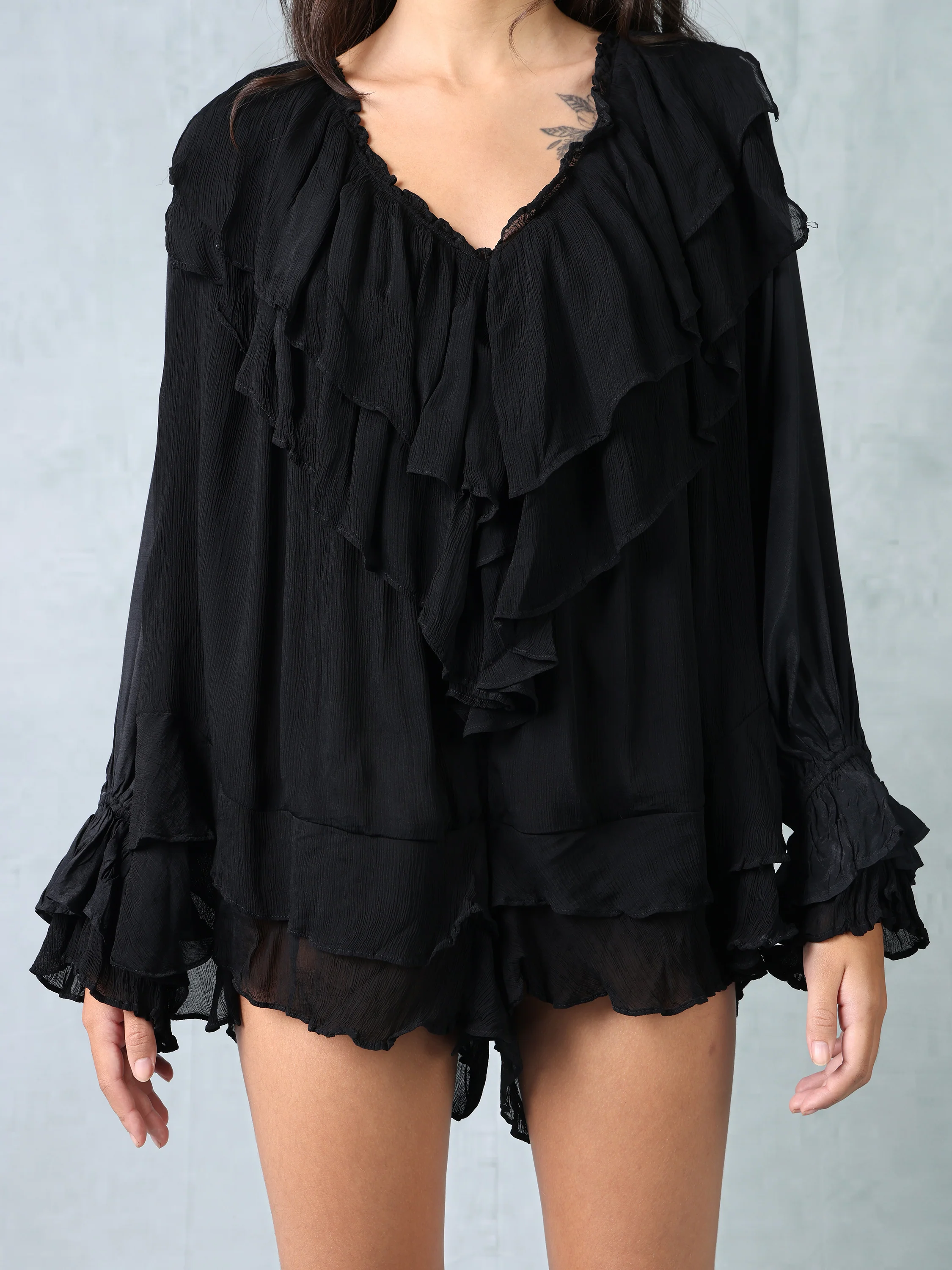 Women Black Frill Neck Comfort Fit Romper - Image 4