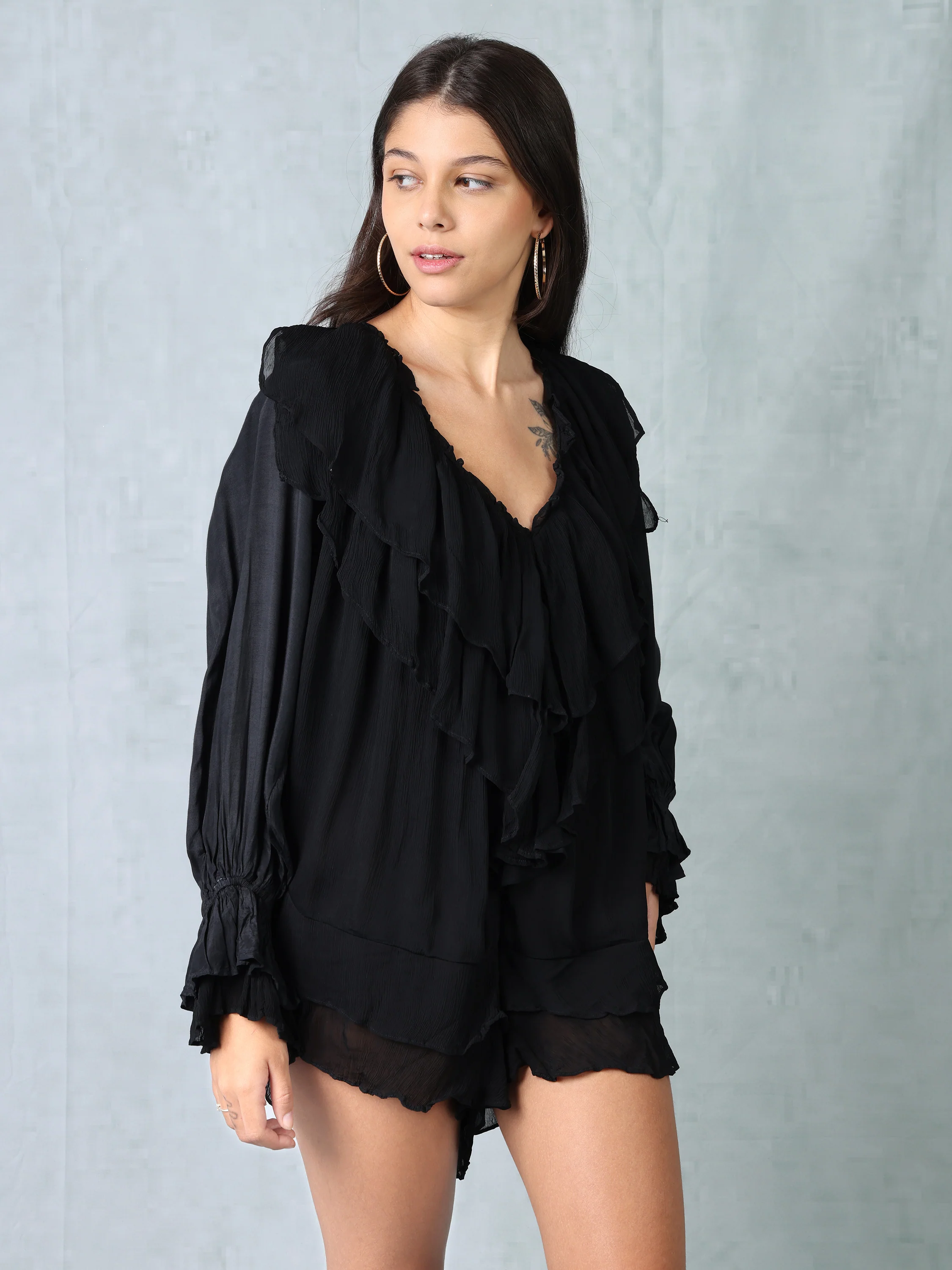 Women Black Frill Neck Comfort Fit Romper - Image 5