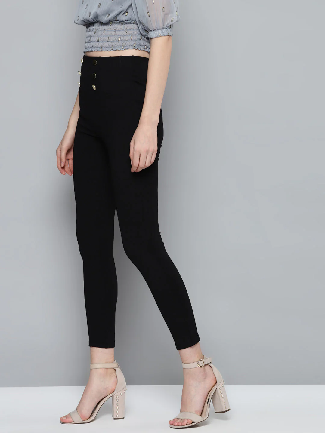 Women Black Front Button High Waist Jeggings - Image 2