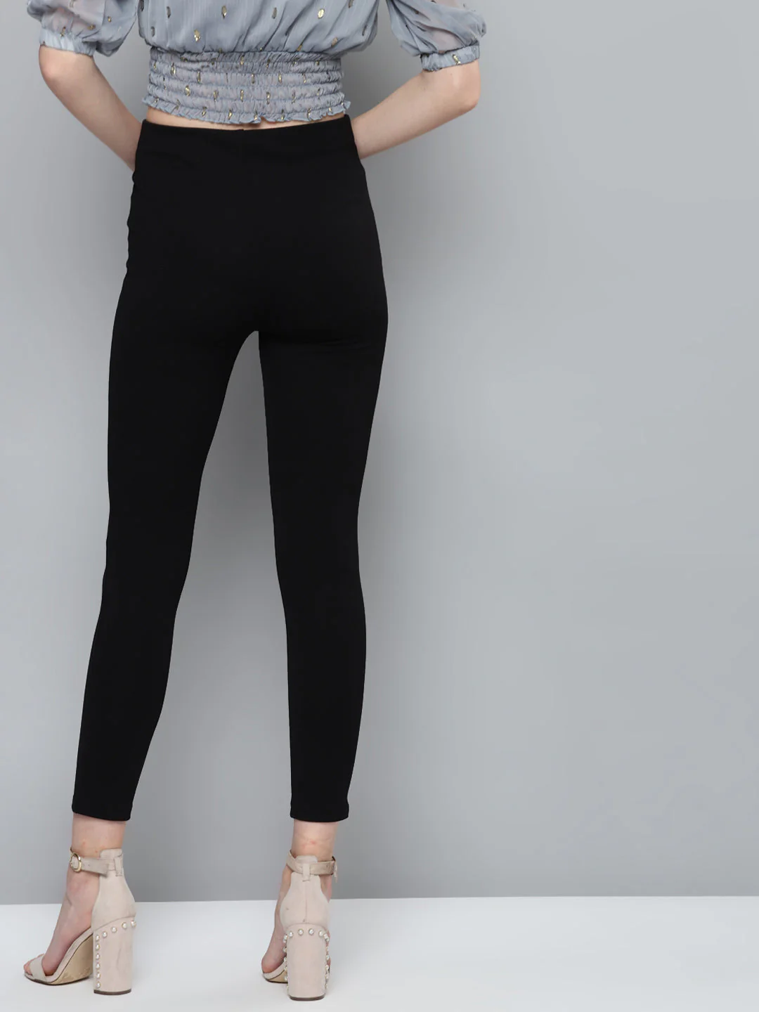 Women Black Front Button High Waist Jeggings - Image 3