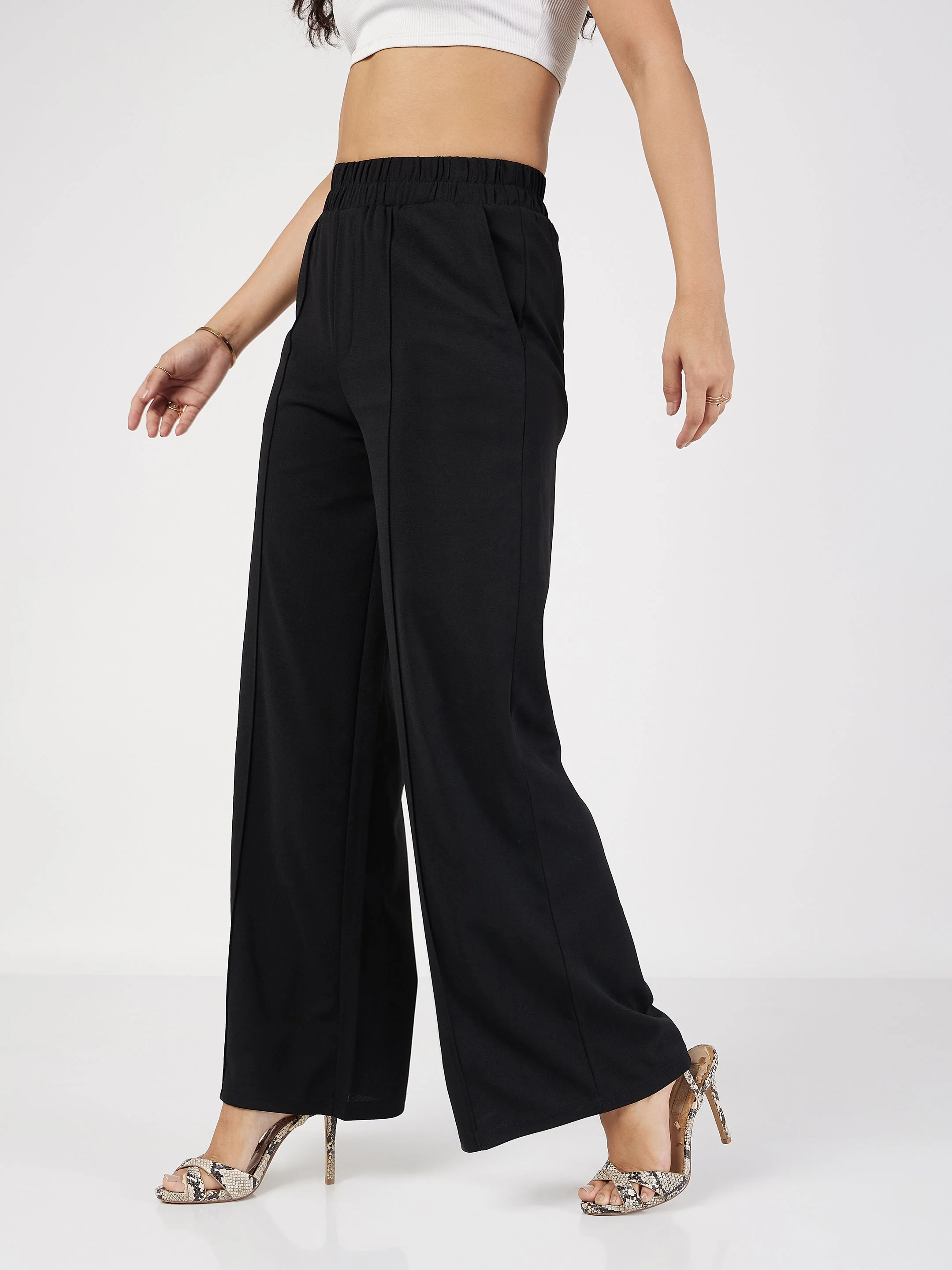 Women Black Front Dart Palazzo Pants - Image 3