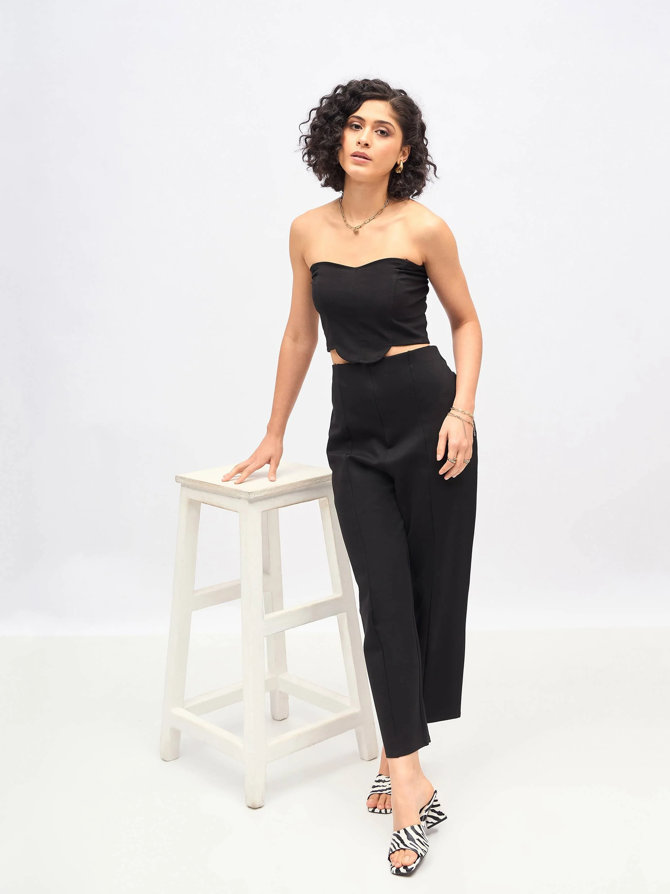 Women Black Front Darted High Waisted Pants - Image 2
