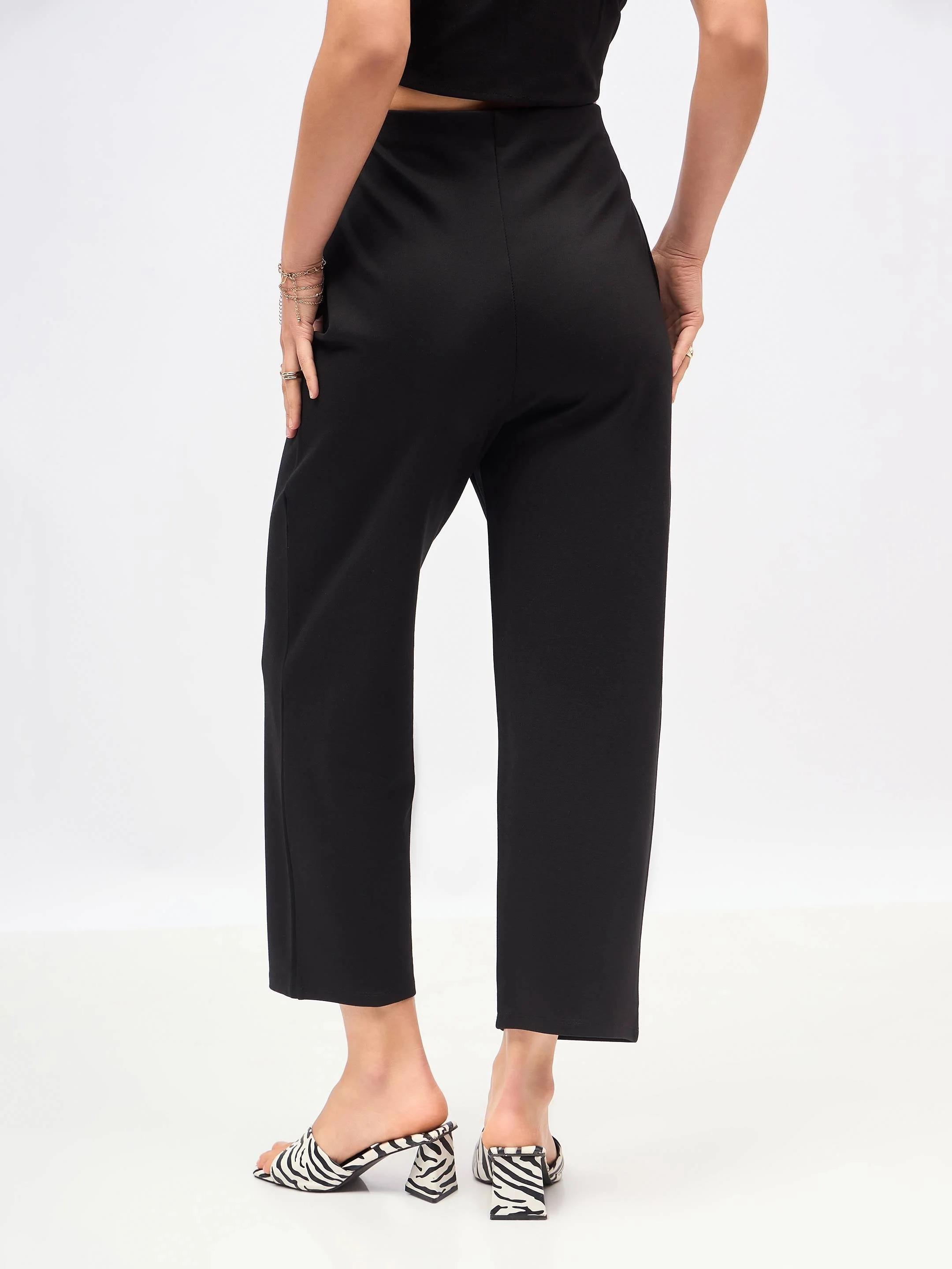 Women Black Front Darted High Waisted Pants - Image 3