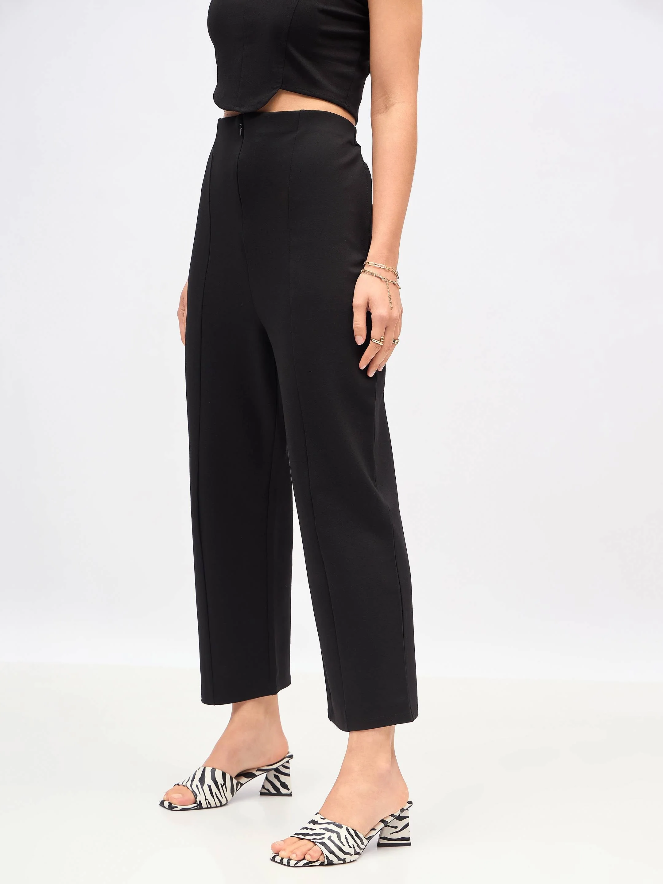 Women Black Front Darted High Waisted Pants - Image 4