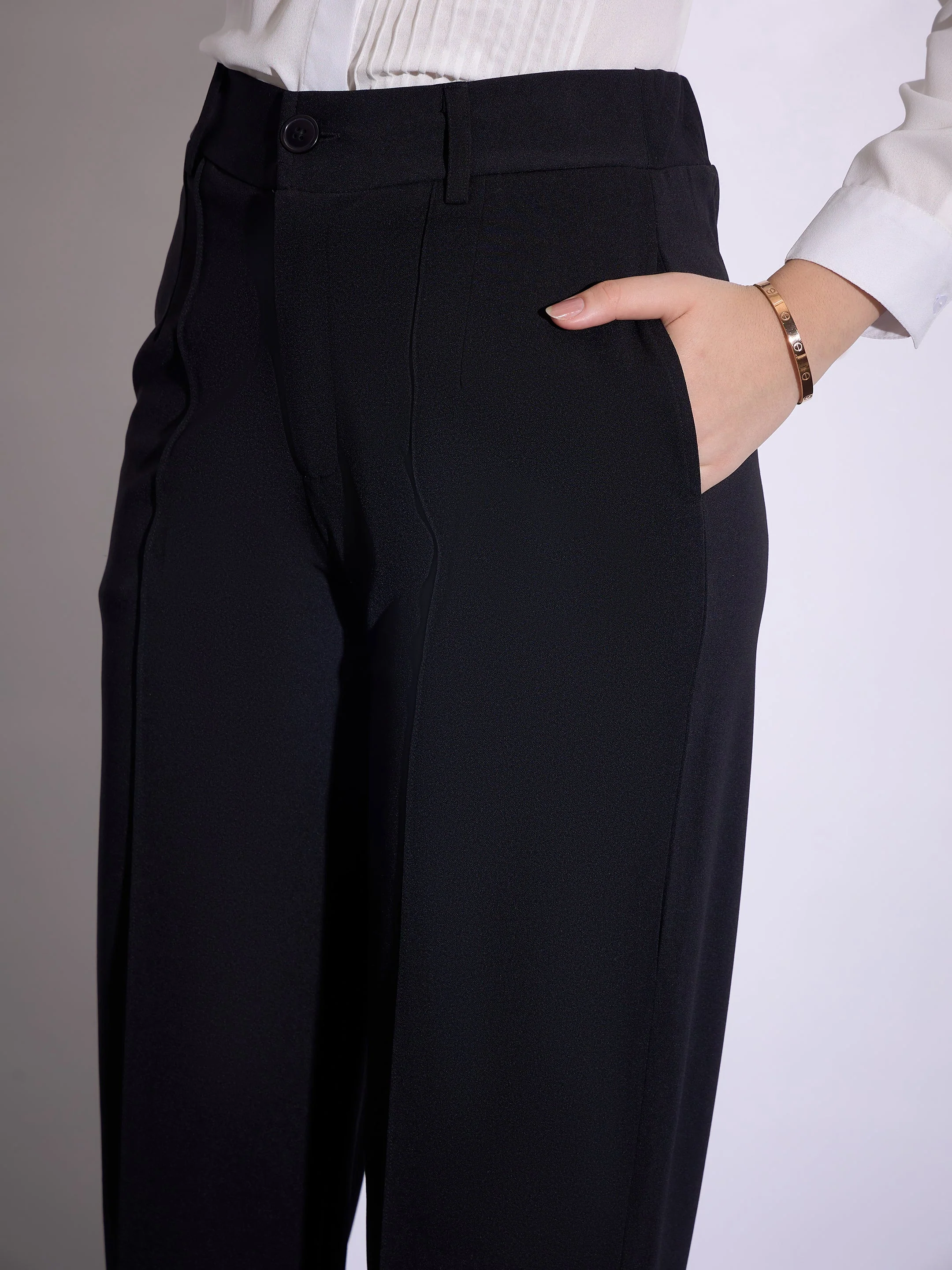 Women Black Front Darted Pants - Image 3