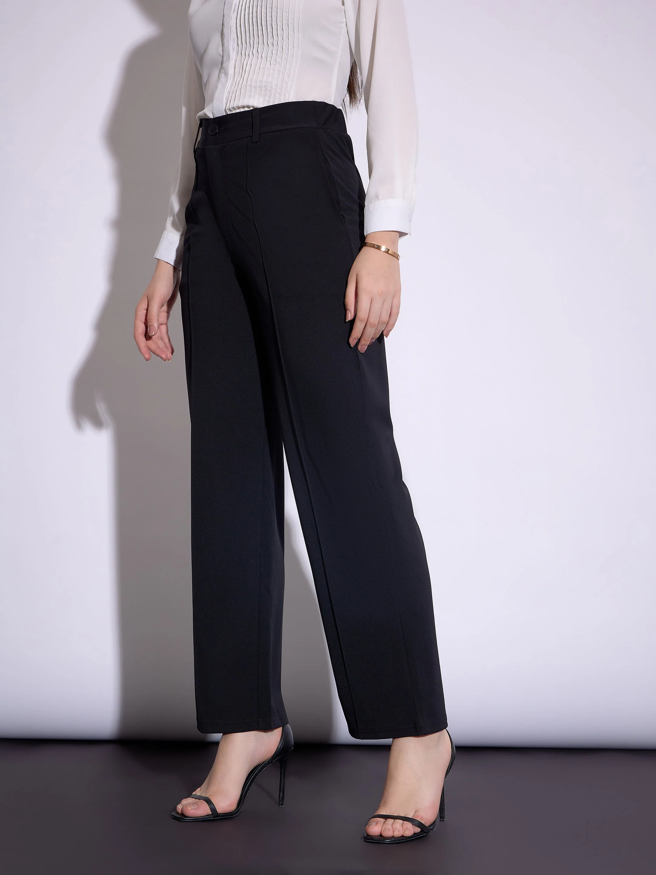 Women Black Front Darted Pants - Image 4