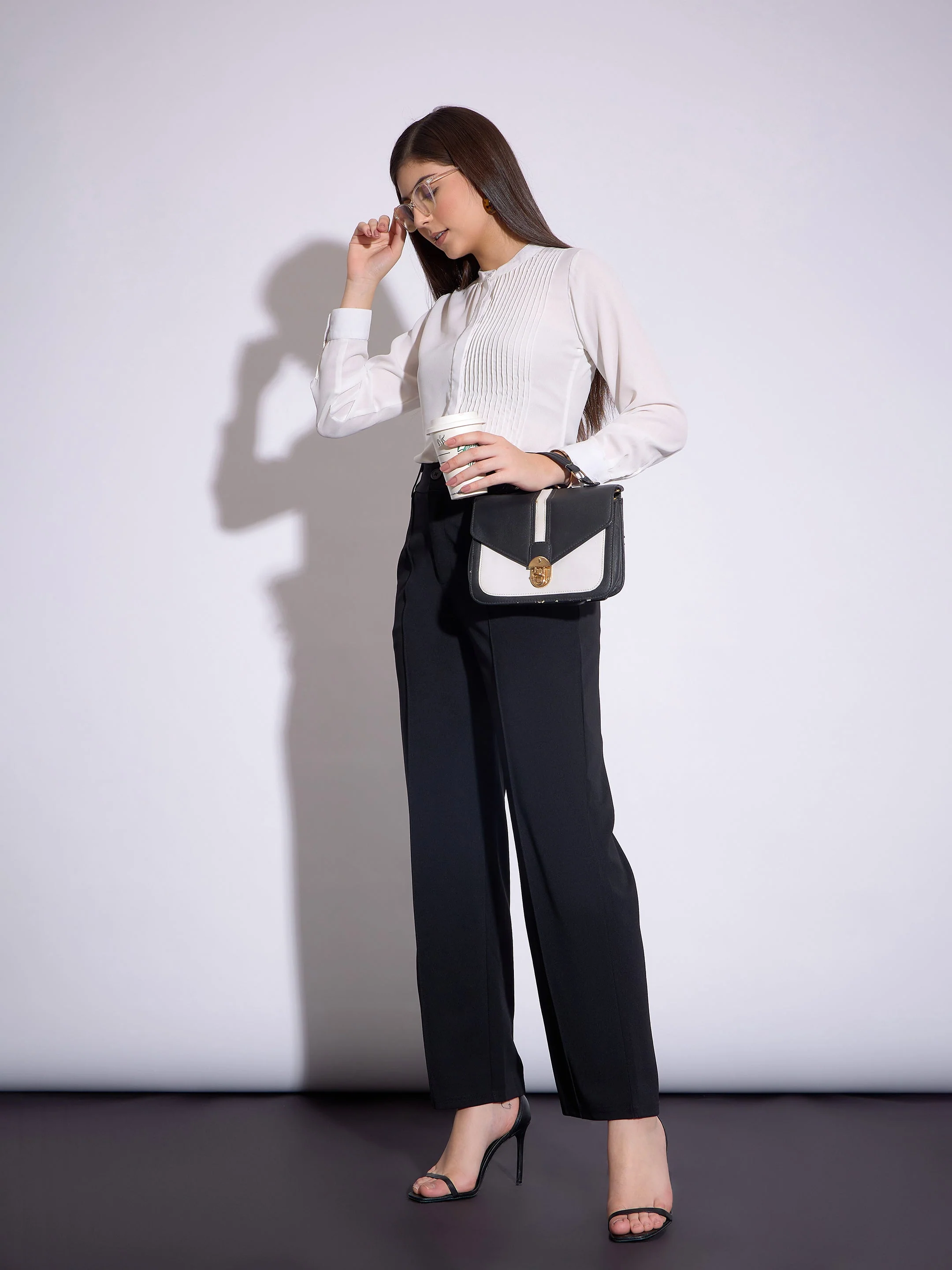 Women Black Front Darted Pants - Image 5