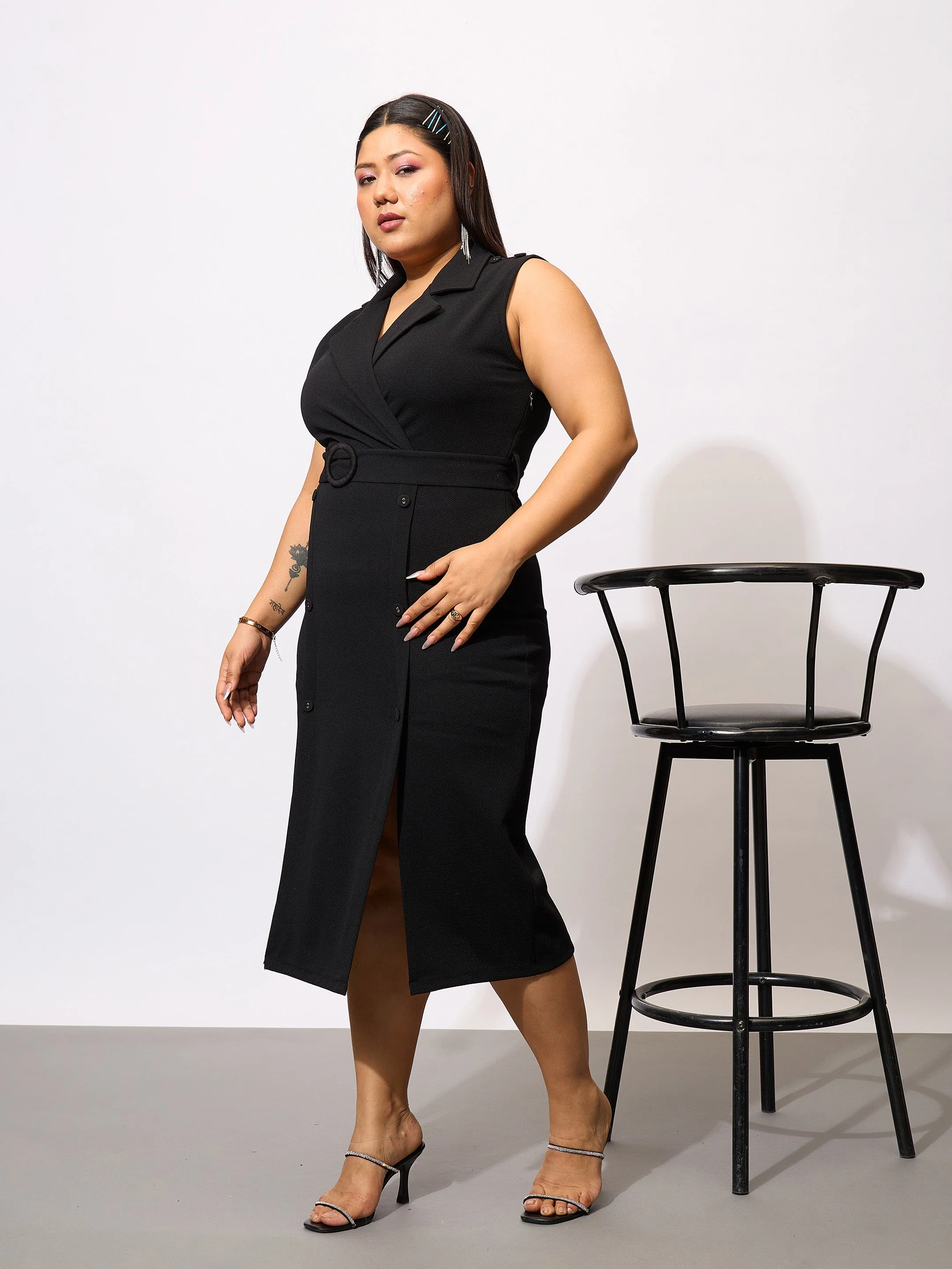 Women Black Front Mock Button Bodycon Dress - Image 3