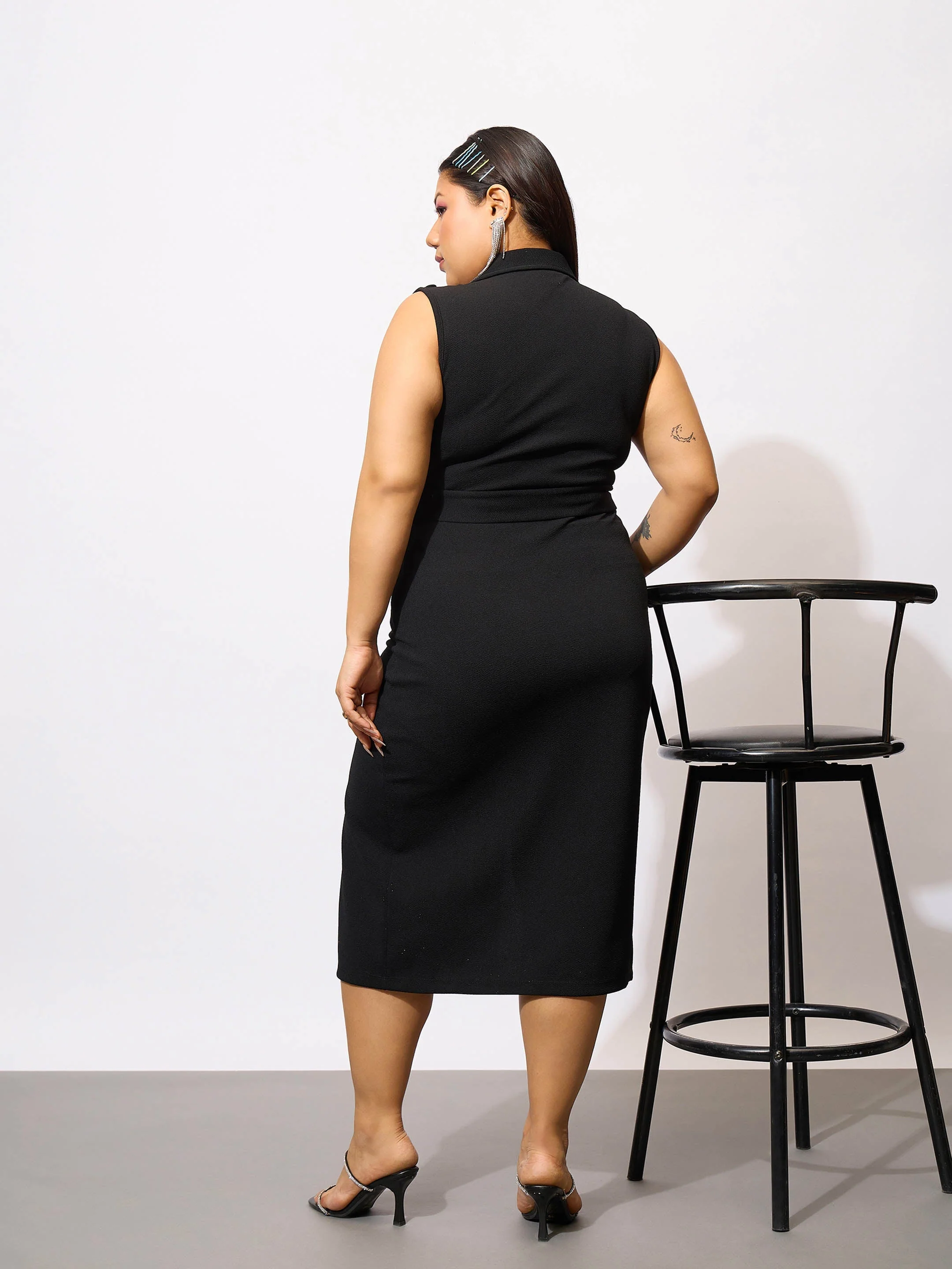 Women Black Front Mock Button Bodycon Dress - Image 5