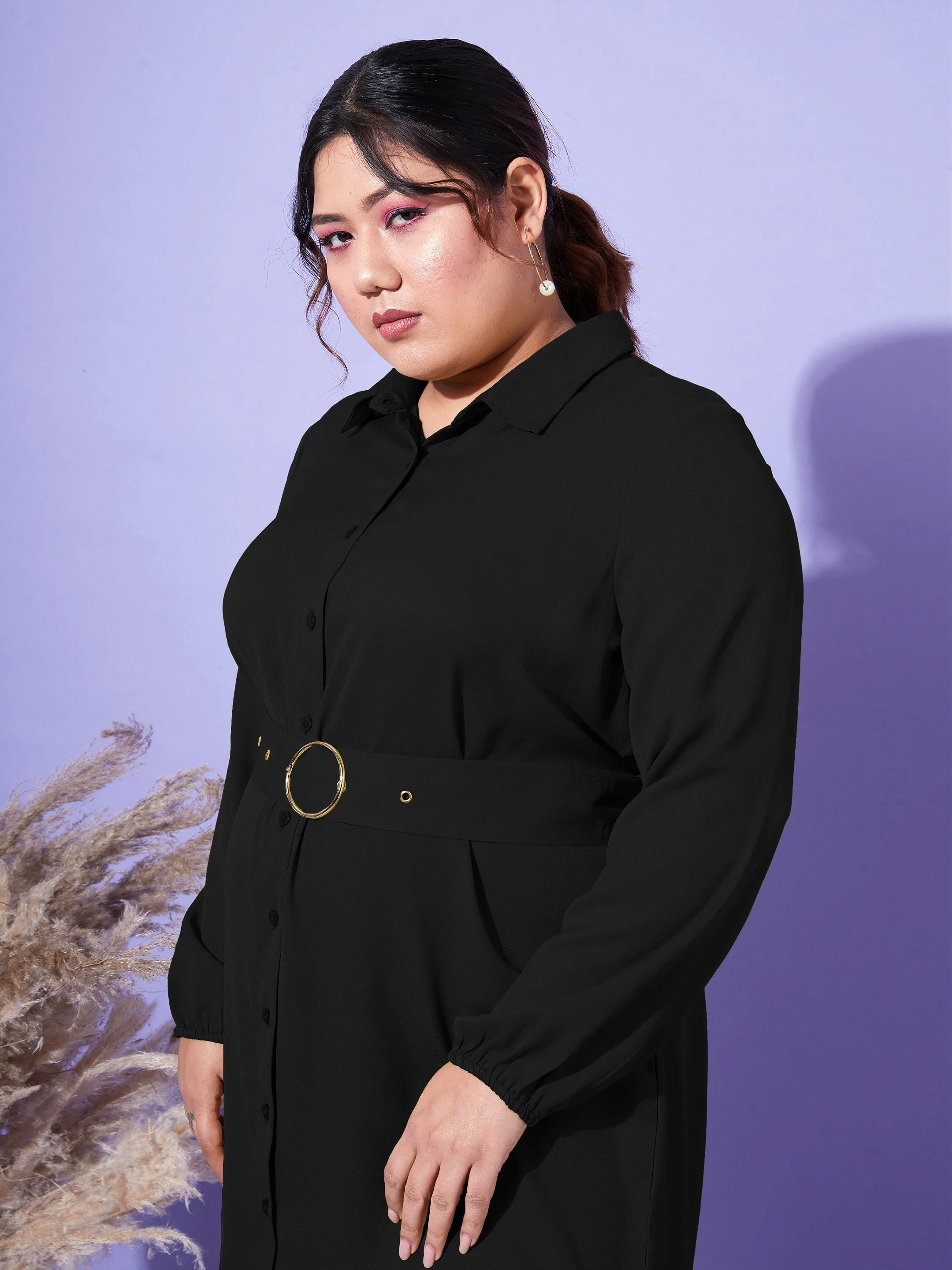 Women Black Front Open Button Shirt Dress - Image 4