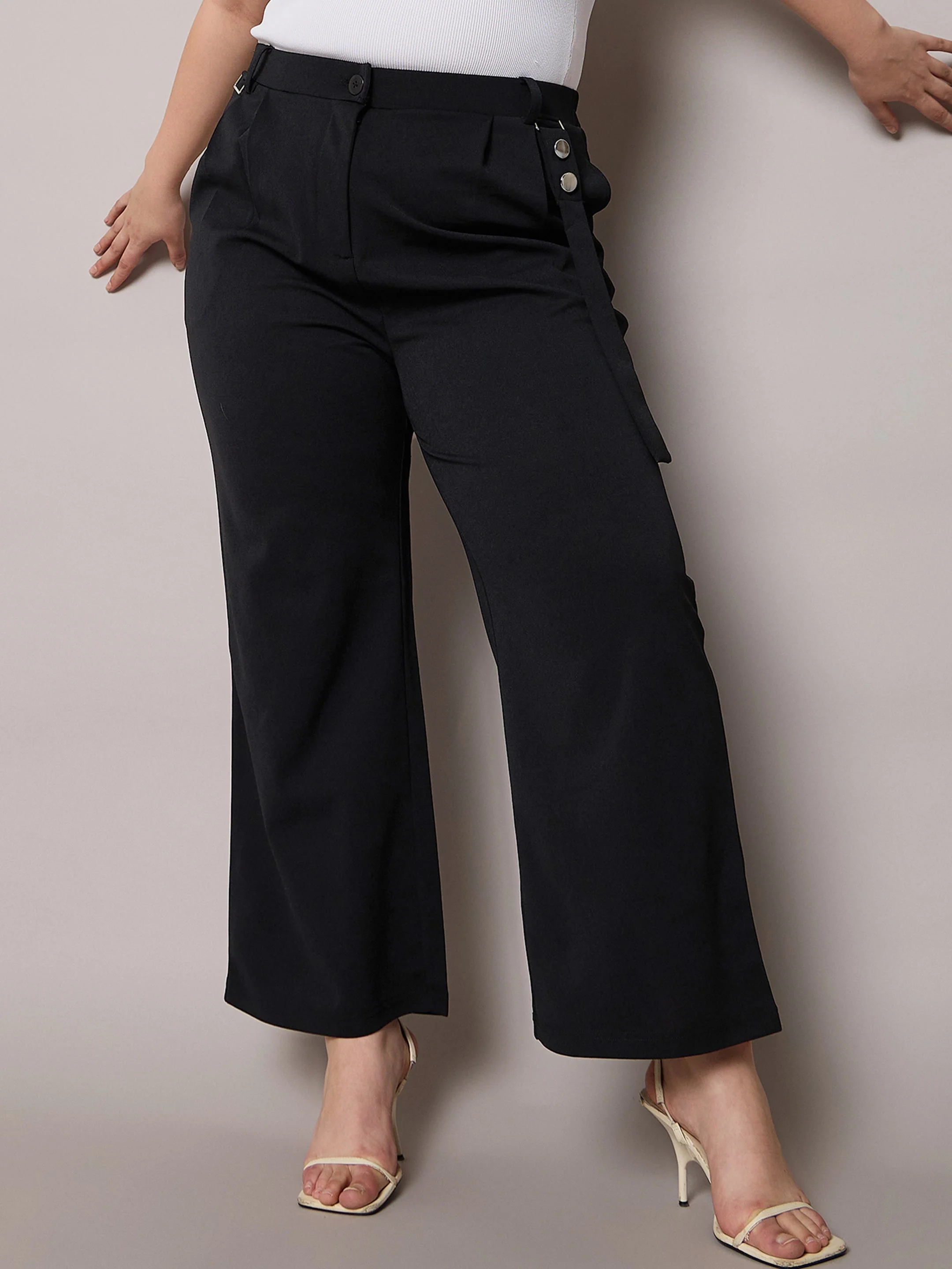 Women Black Front Pleat Straight Pants