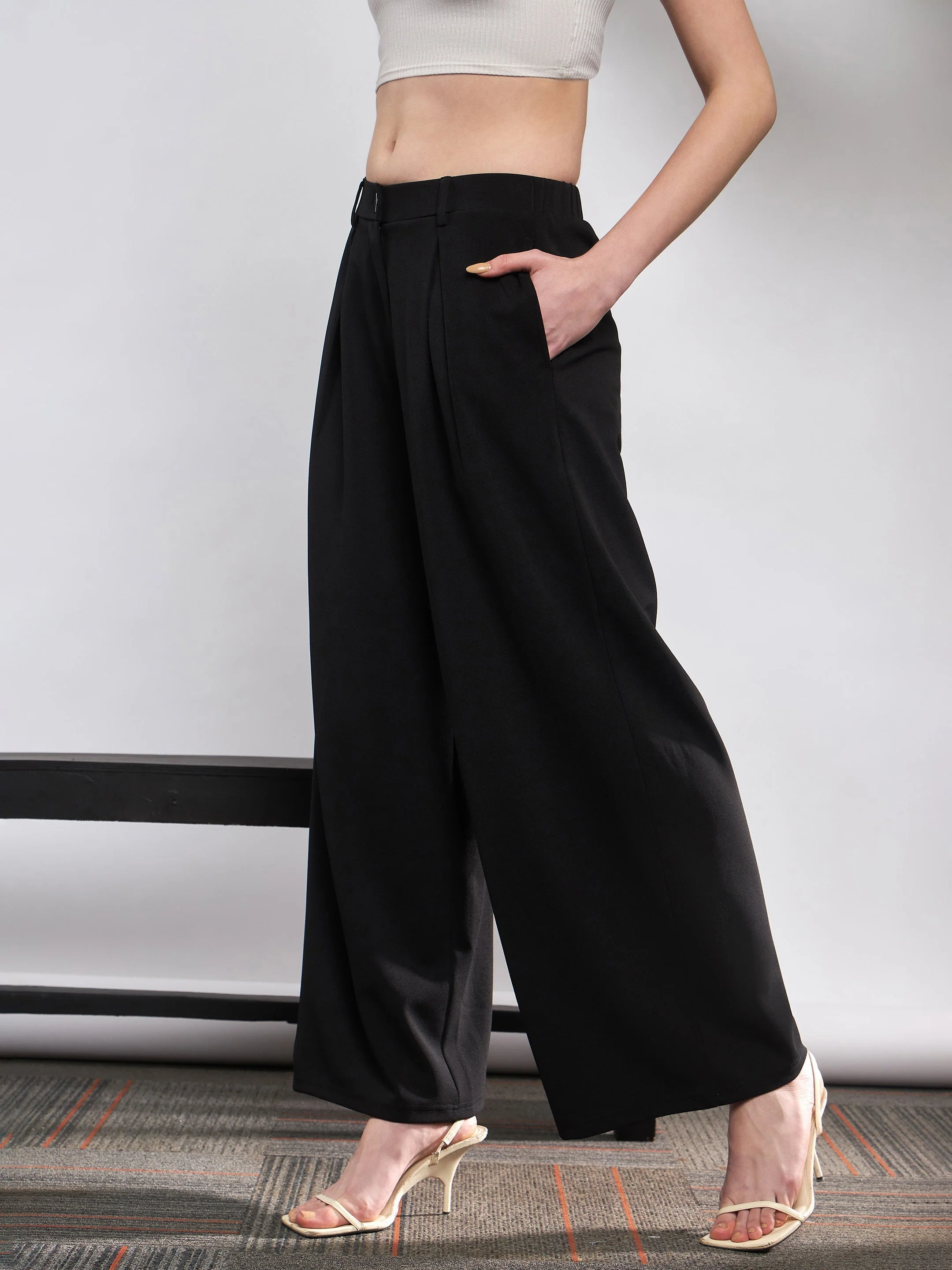 Women Black Front Pleated Loose Fit Korean Pants - Image 3