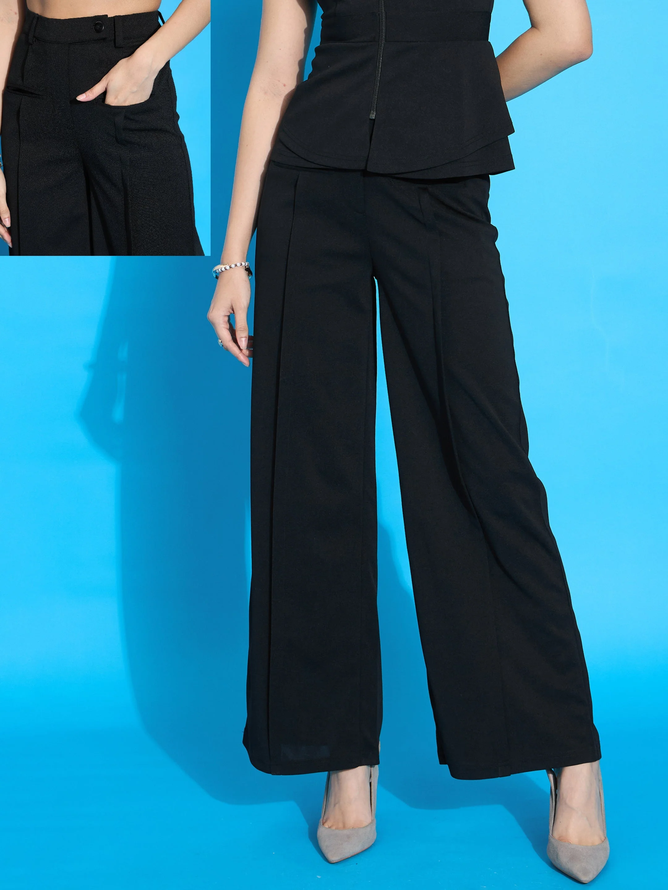 Women Black Front Pleated Straight Fit Trousers - Image 5