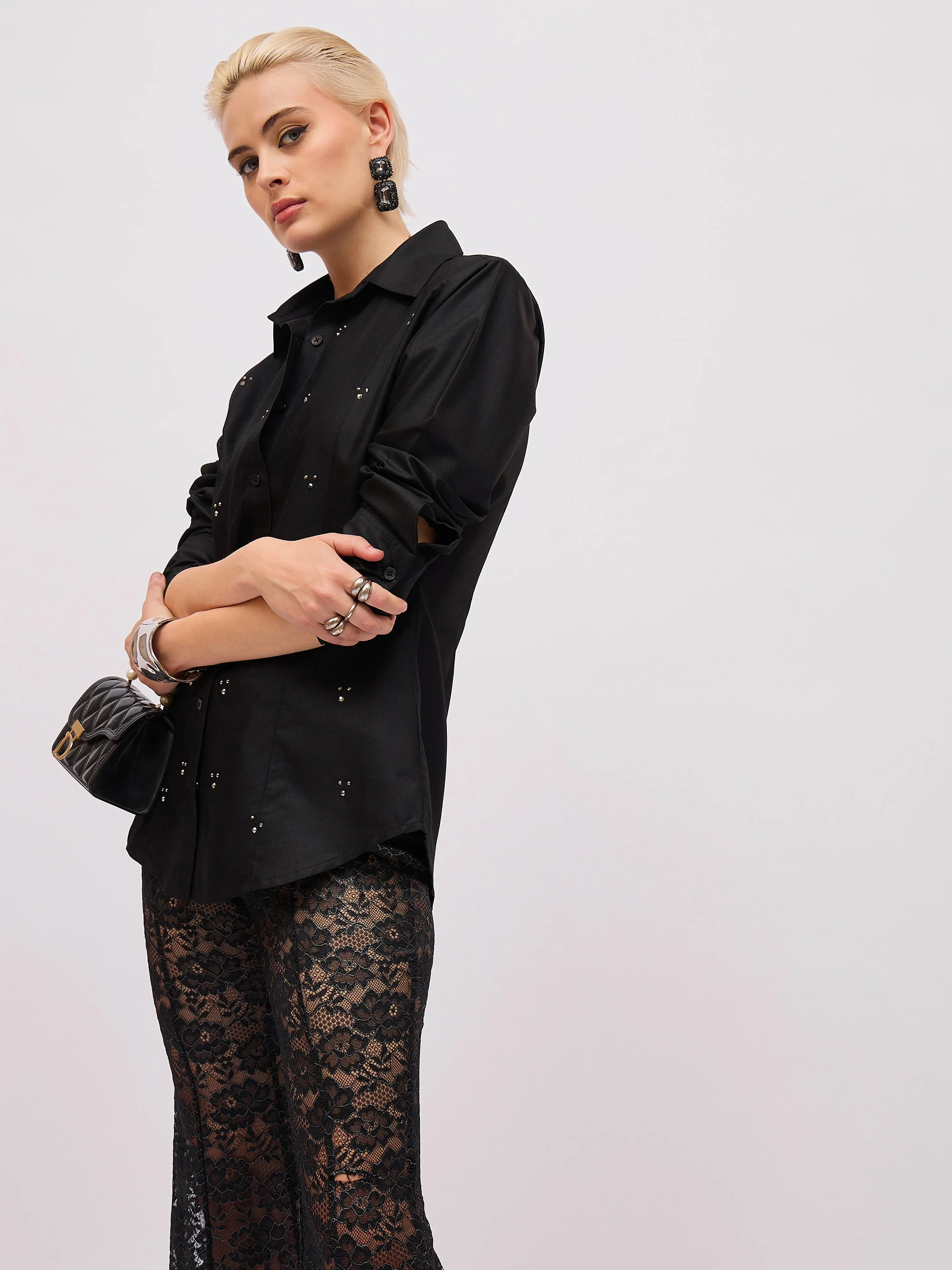 Women Black Front Studded Slim Fit Shirt - Image 3