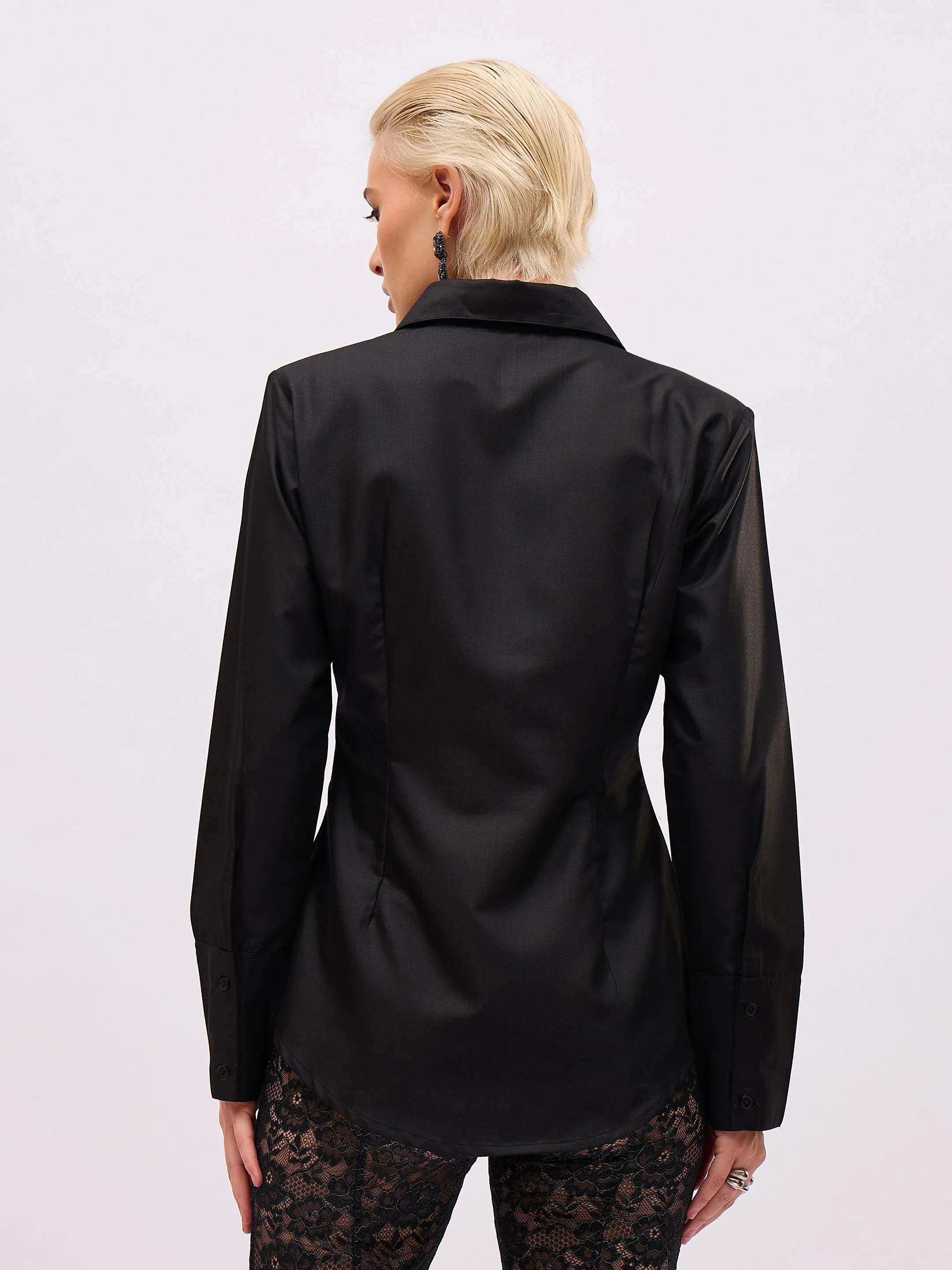Women Black Front Studded Slim Fit Shirt - Image 5