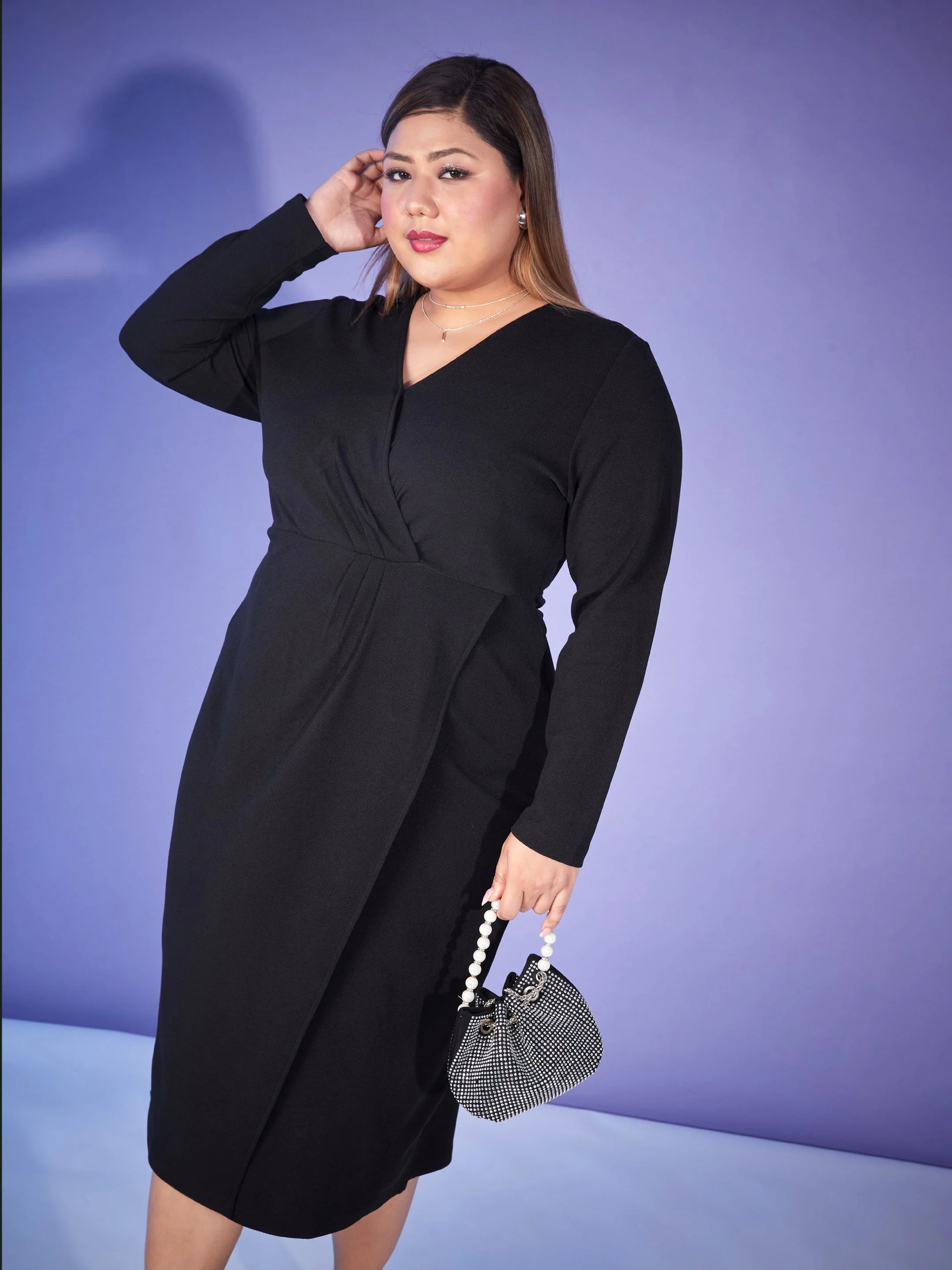Women Black Front Wrap Bodycon Midi Dress - Image 2