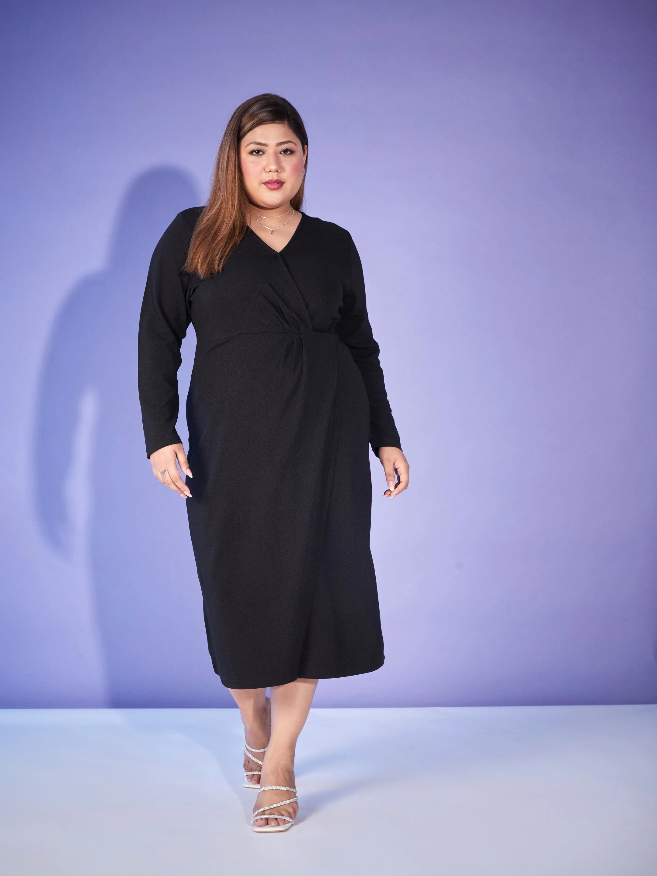 Women Black Front Wrap Bodycon Midi Dress - Image 3