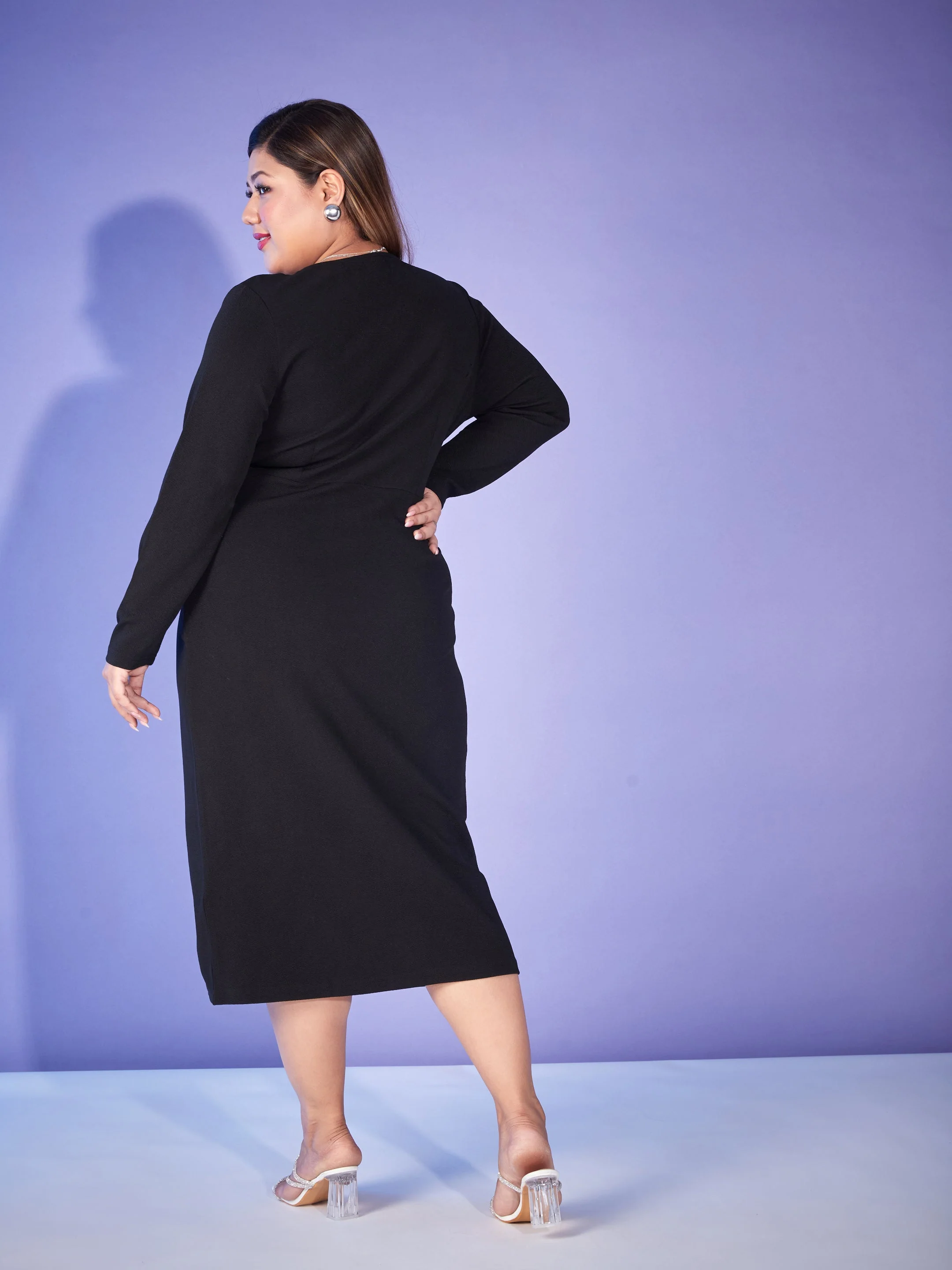 Women Black Front Wrap Bodycon Midi Dress - Image 5