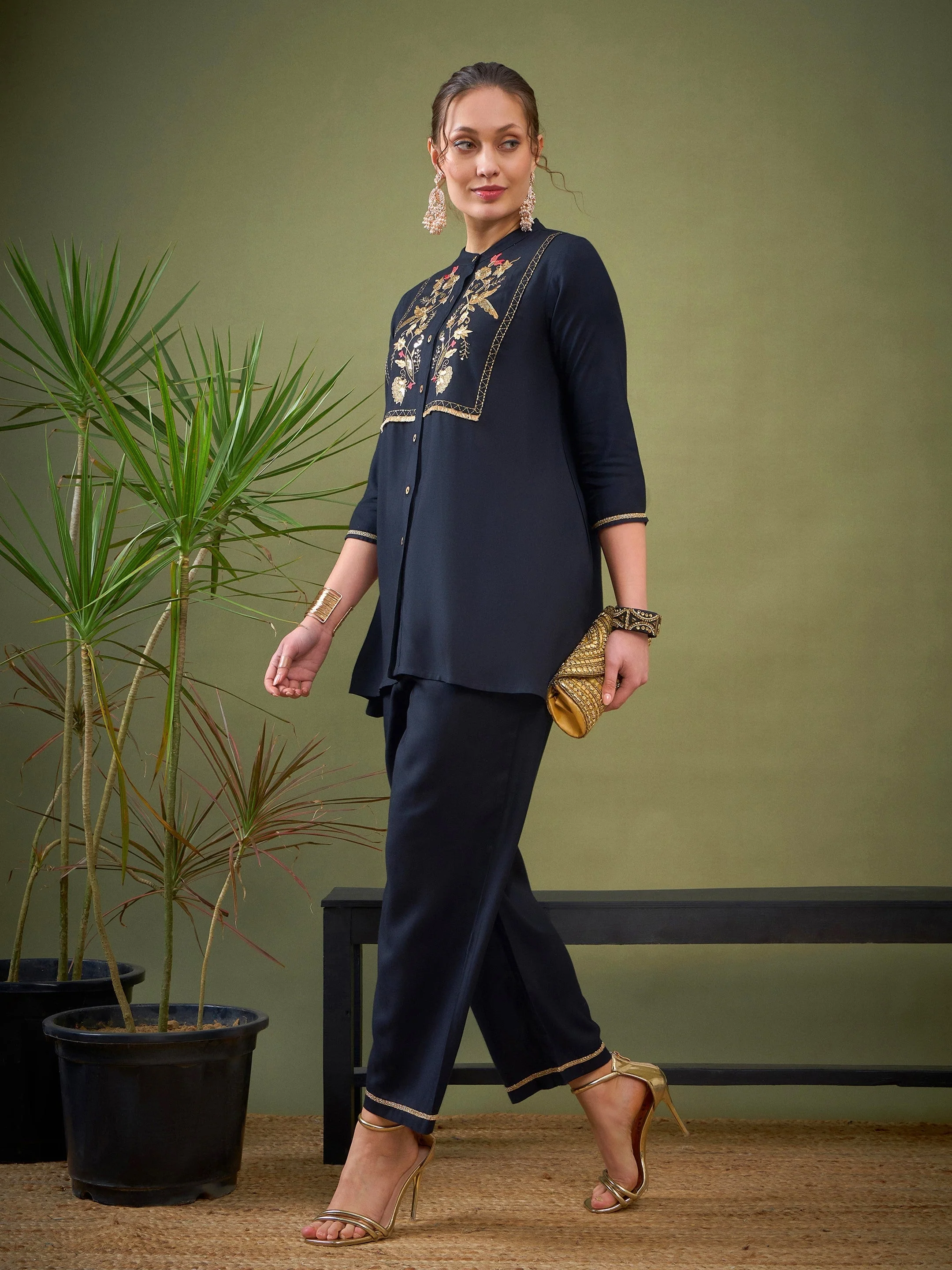 Women Black Front Yoke Embroidered Shirt With Palazzos - Image 3